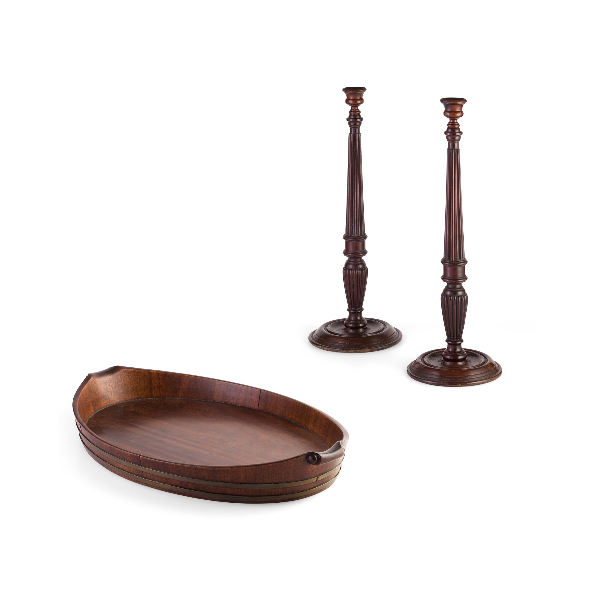 GEORGE III MAHOGANY TRAY AND CANDLESTICKS