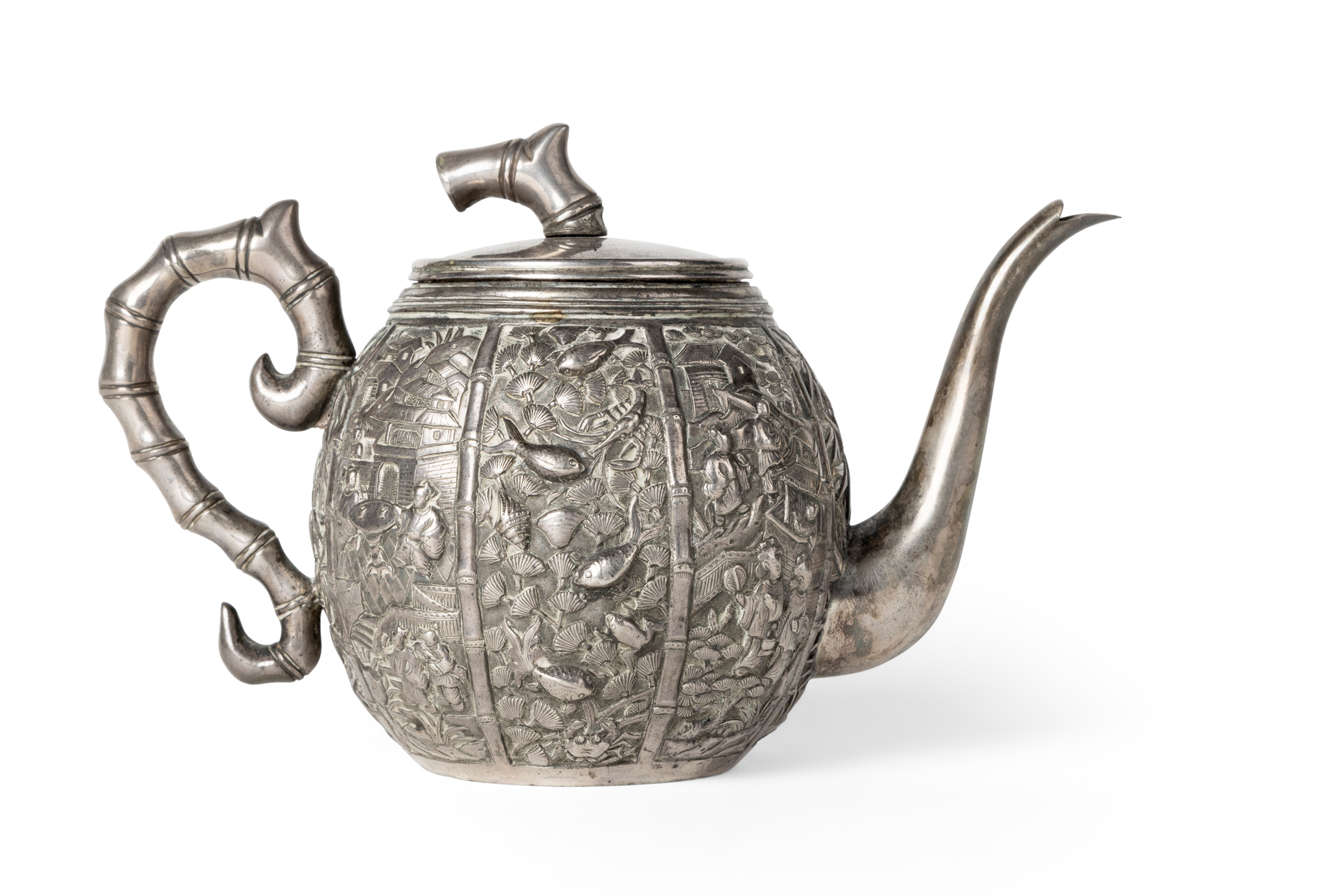 CHINESE 'ACQUATIC CREATURES' BAMBOO-HANDLED SILVER TEAPOT