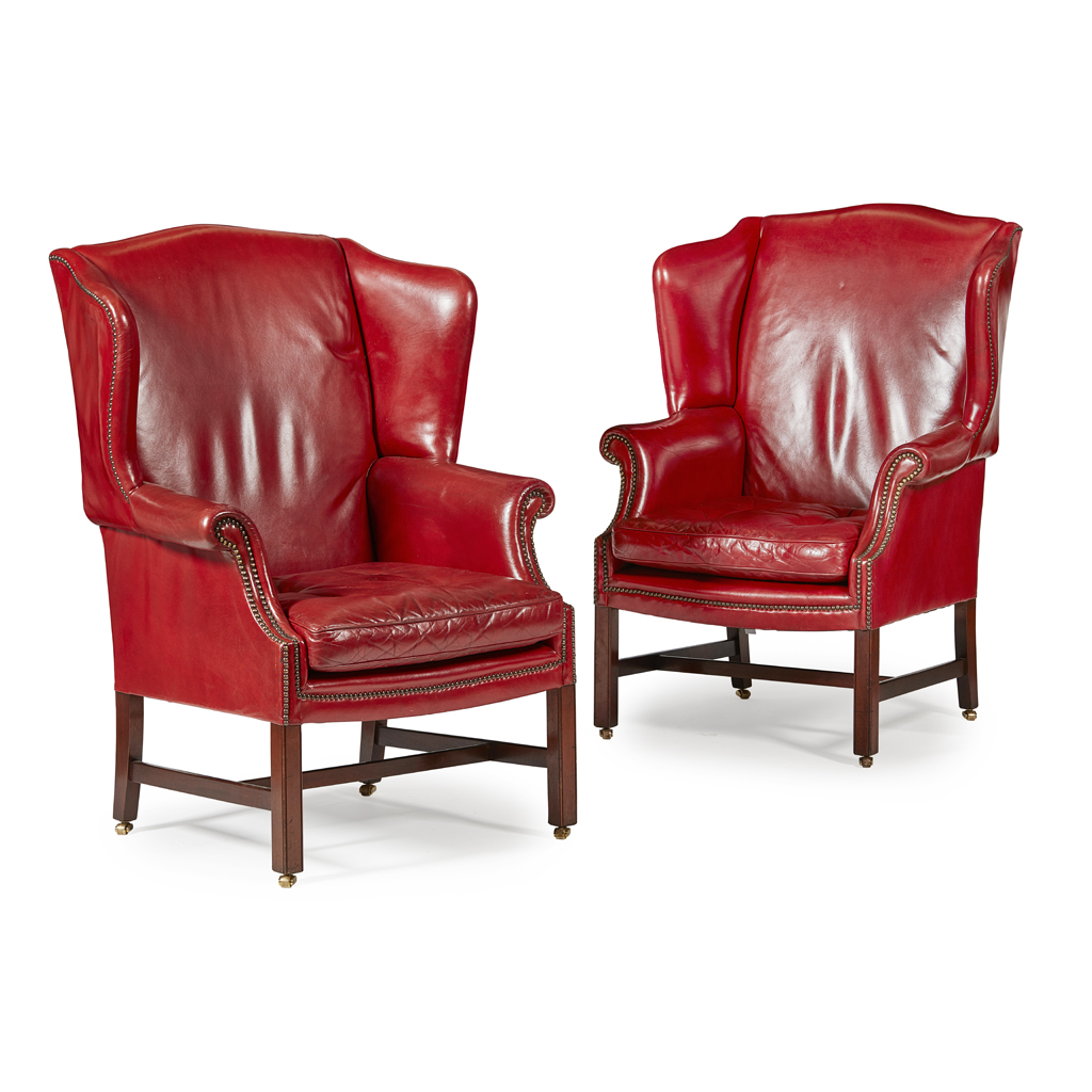 PAIR OF GEORGIAN STYLE RED LEATHER WING ARMCHAIRS