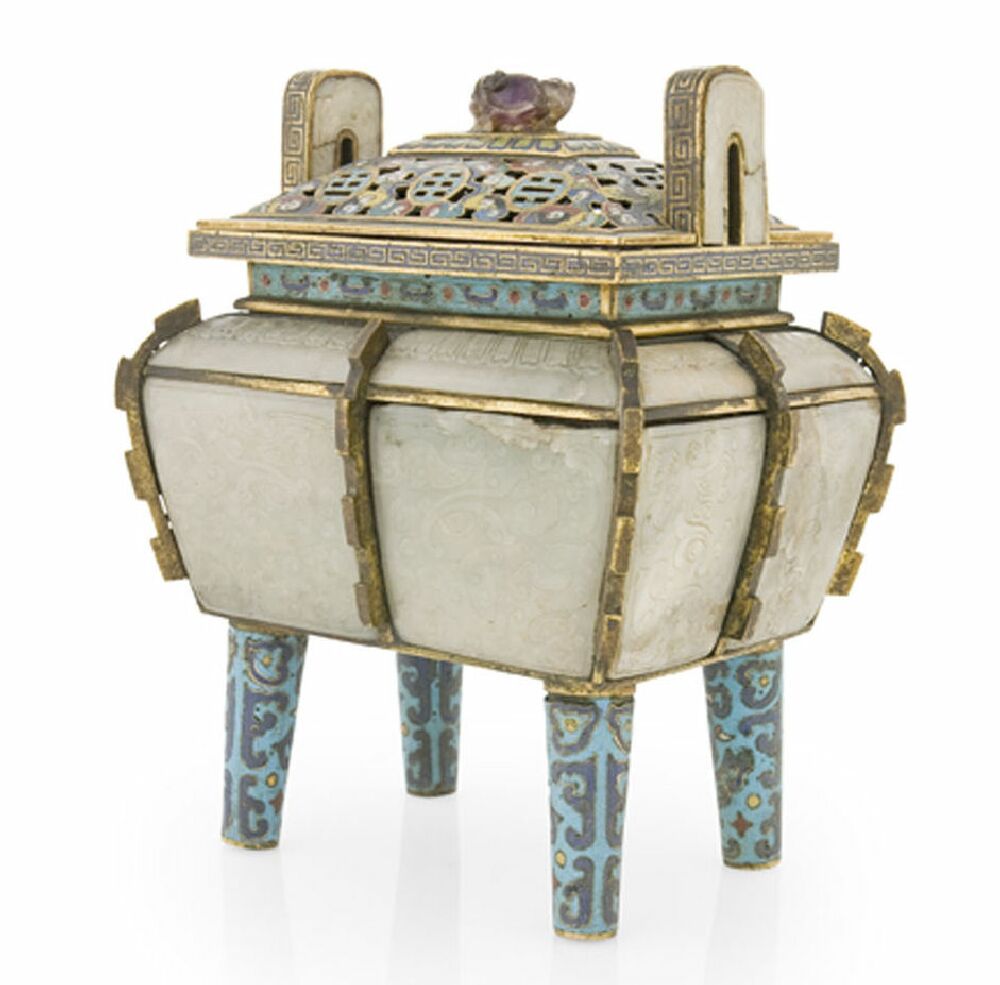 A Chinese cloisonné and jade incense burner, Qianlong period