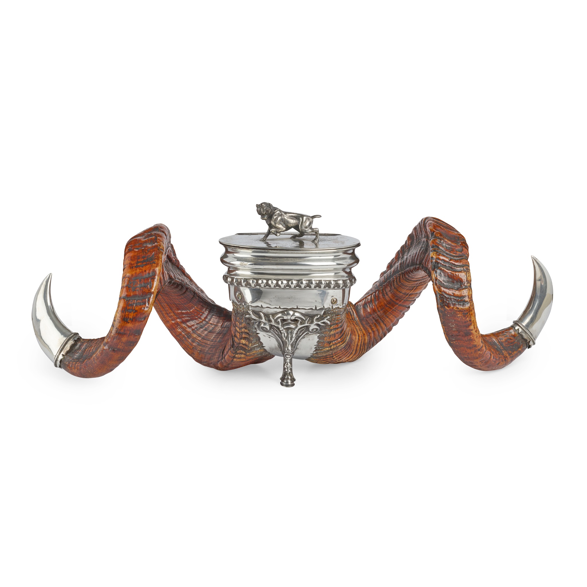 LARGE VICTORIAN SILVER-PLATE MOUNTED RAM'S HORN TABLE SNUFF MULL