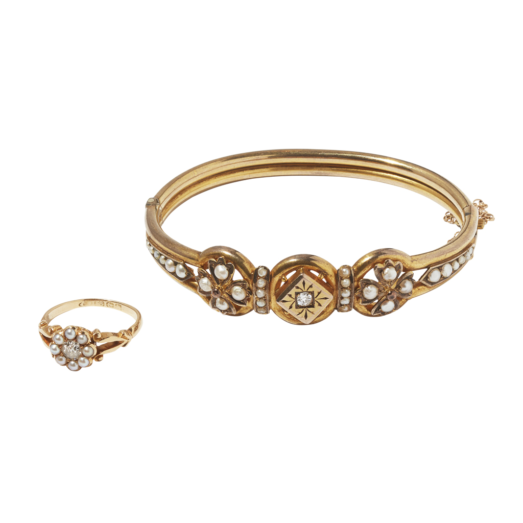 An Edwardian diamond and pearl set bangle