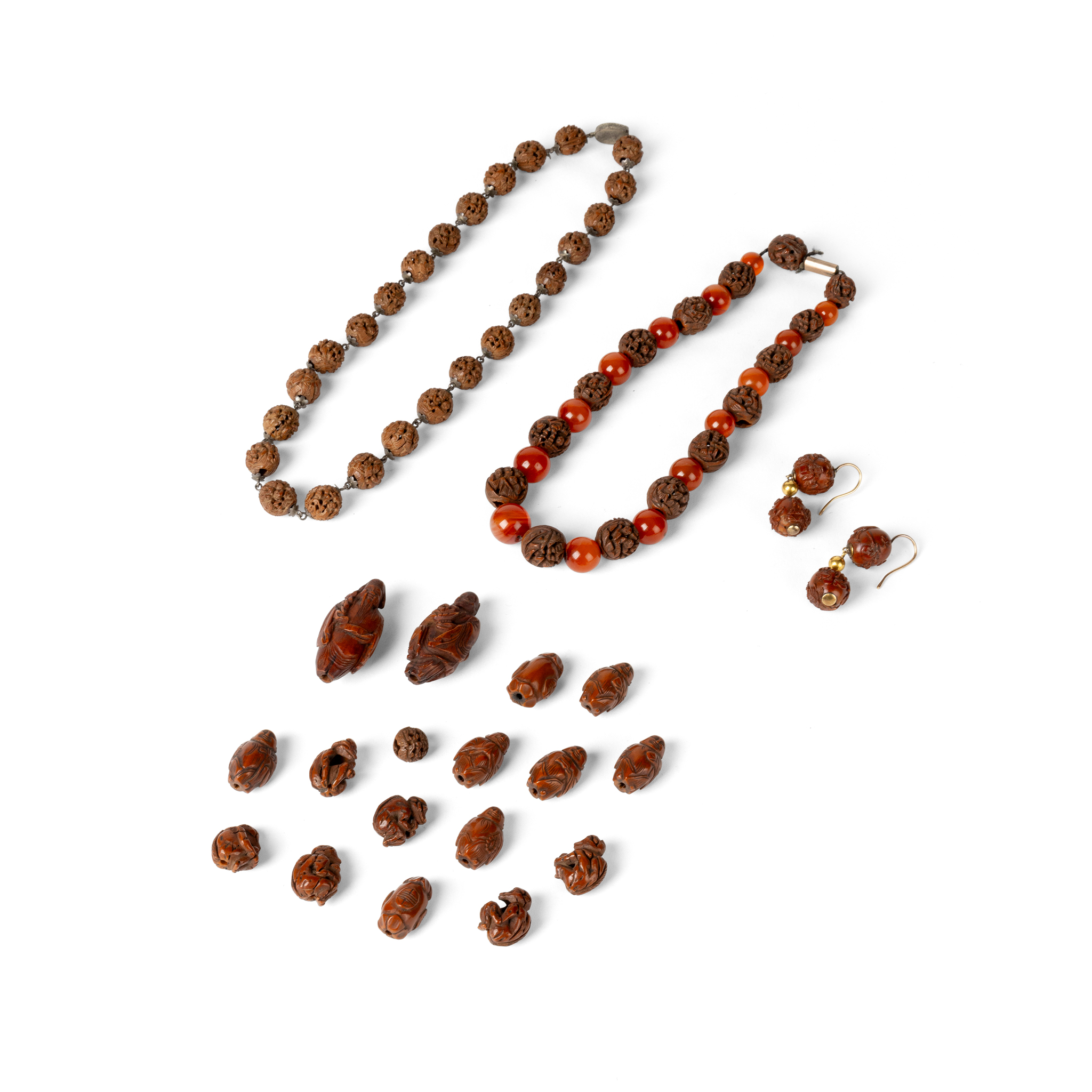 GROUP OF CHINESE NUT CARVING NECKLACES, EARRINGS AND BEADS