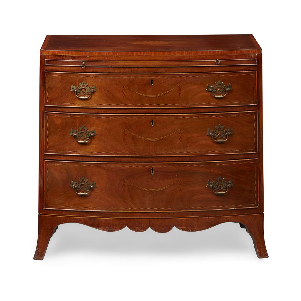 GEORGE III MAHOGANY AND SATINWOOD BOWFRONT CHEST OF DRAWERS