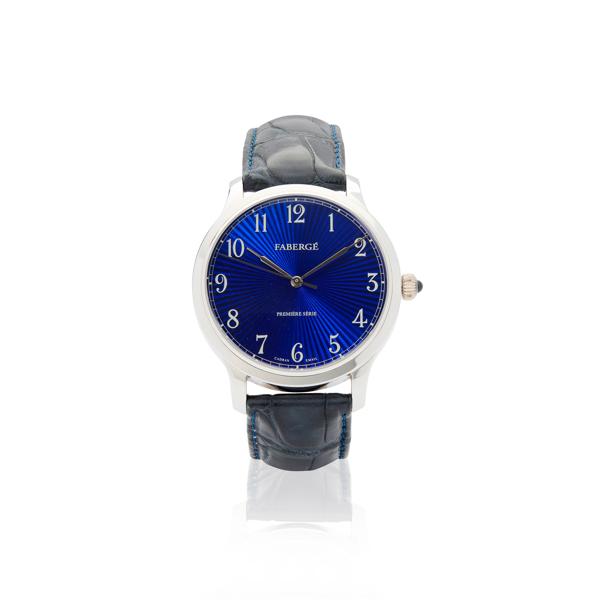 Fabergé. A fine limited edition 18k white gold automatic wristwatch with blue enamel dial