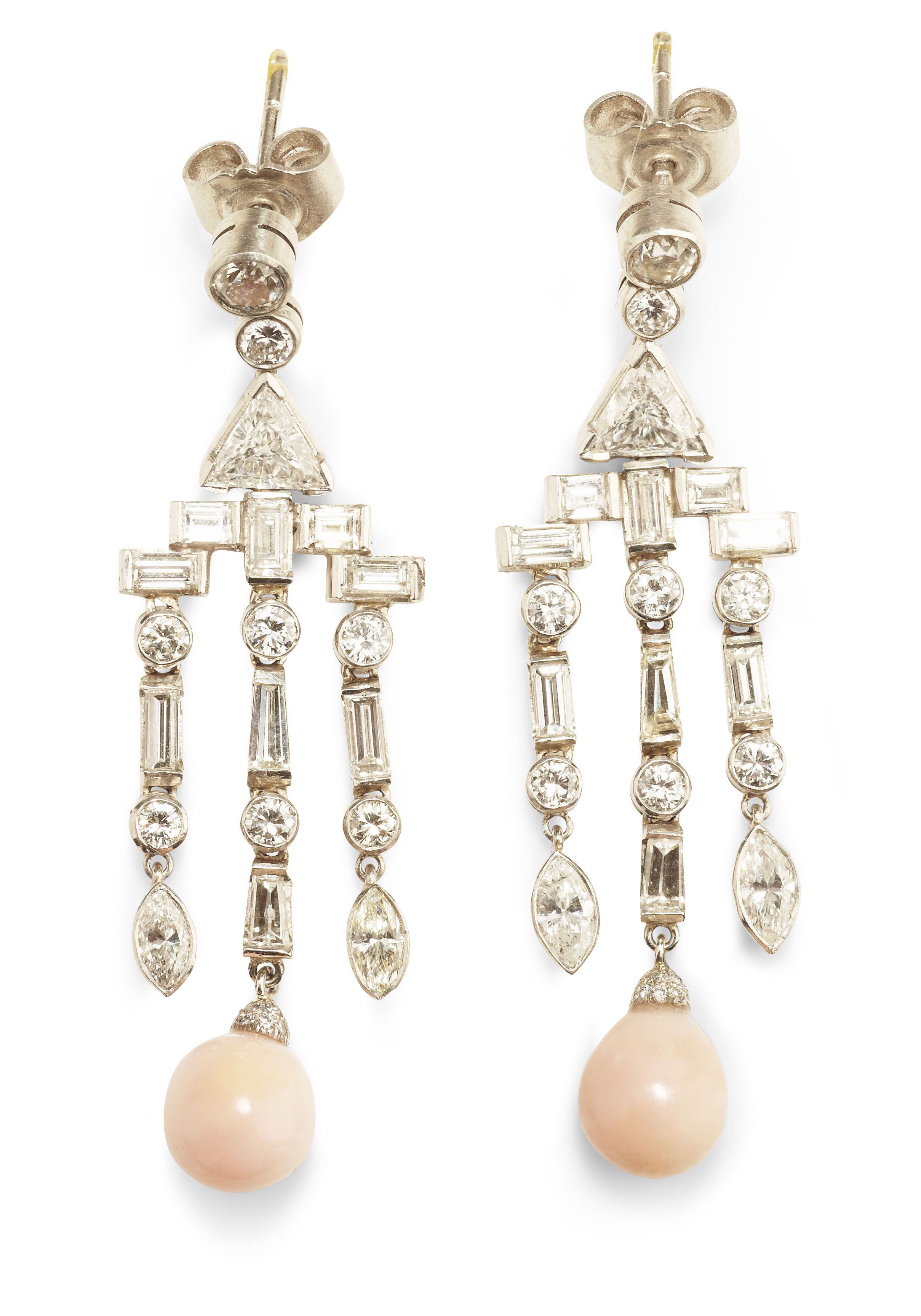 A French pair of Art Deco style platinum mounted diamond and conch pearl pendant earrings,