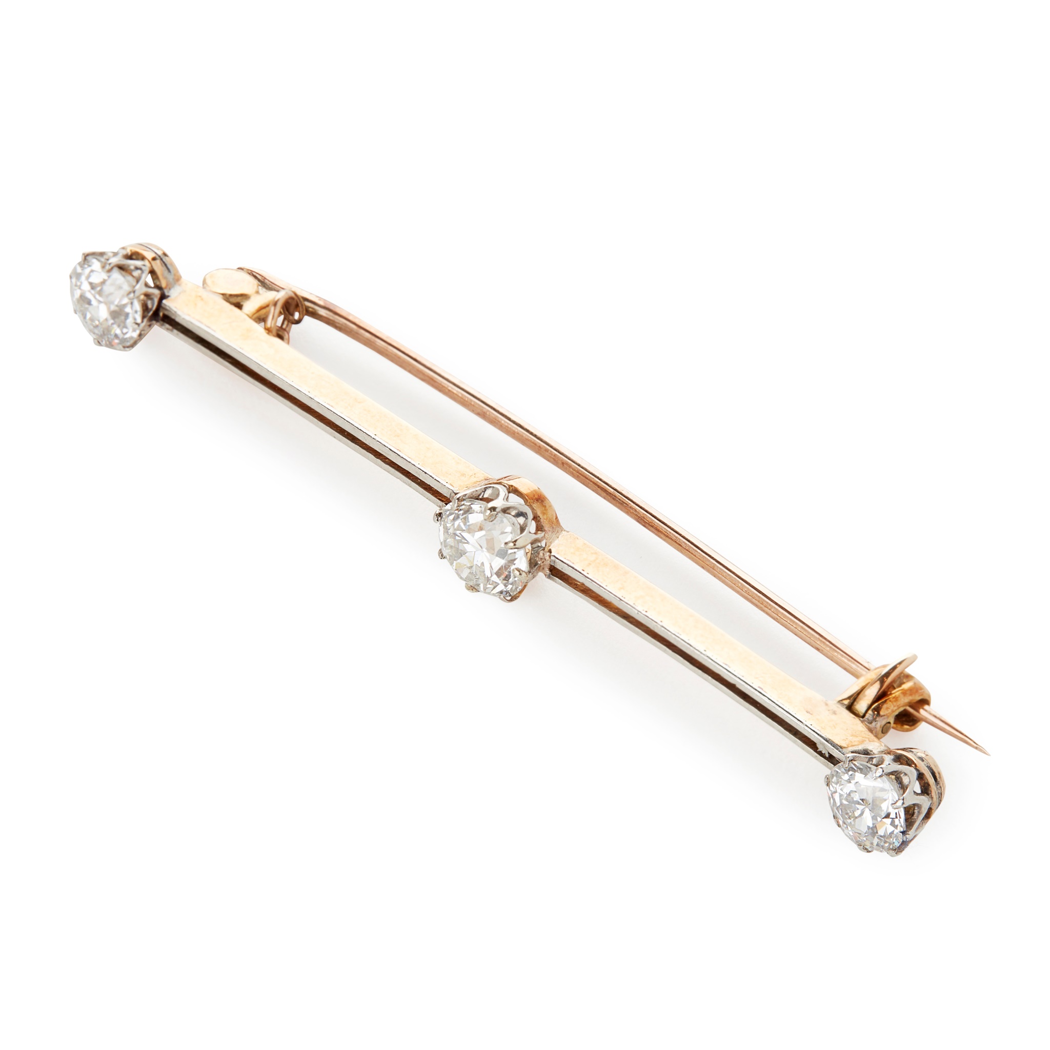 A three stone diamond set bar brooch