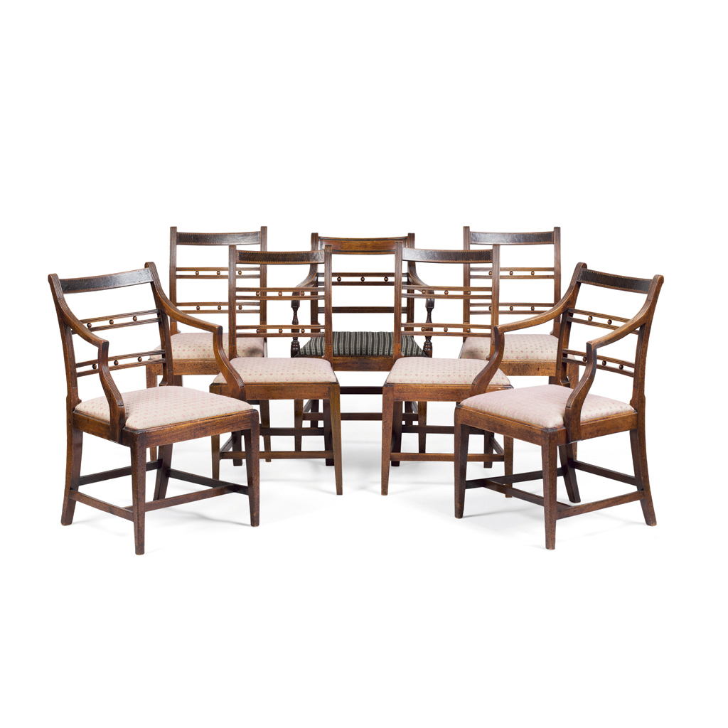 SET OF SIX LATE GEORGE III STAINED ASH AND BURRWOOD DINING CHAIRS