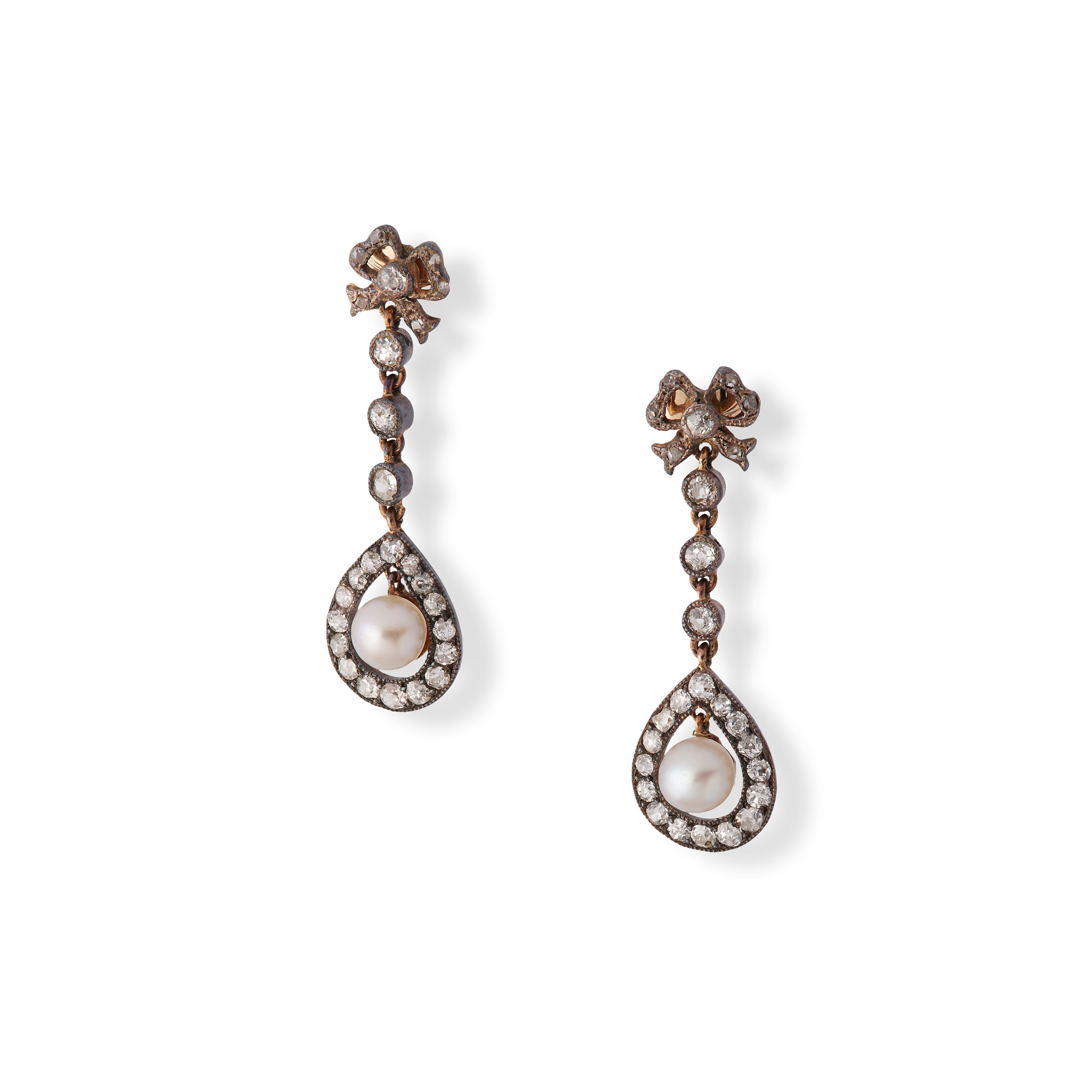 A pair of Belle Époque pearl and diamond pendent earrings, first quarter of the 20th century