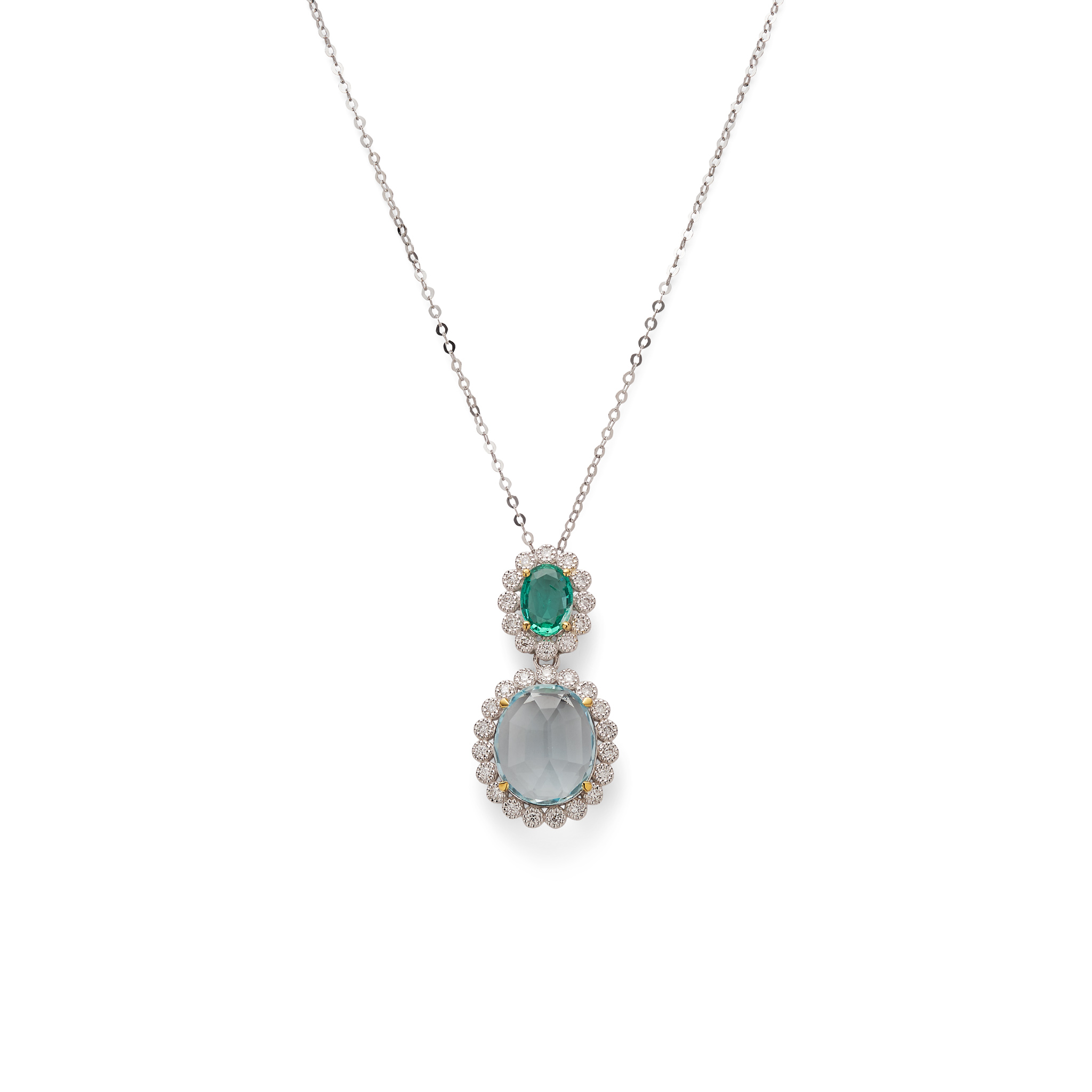 An aquamarine, emerald and diamond pendant