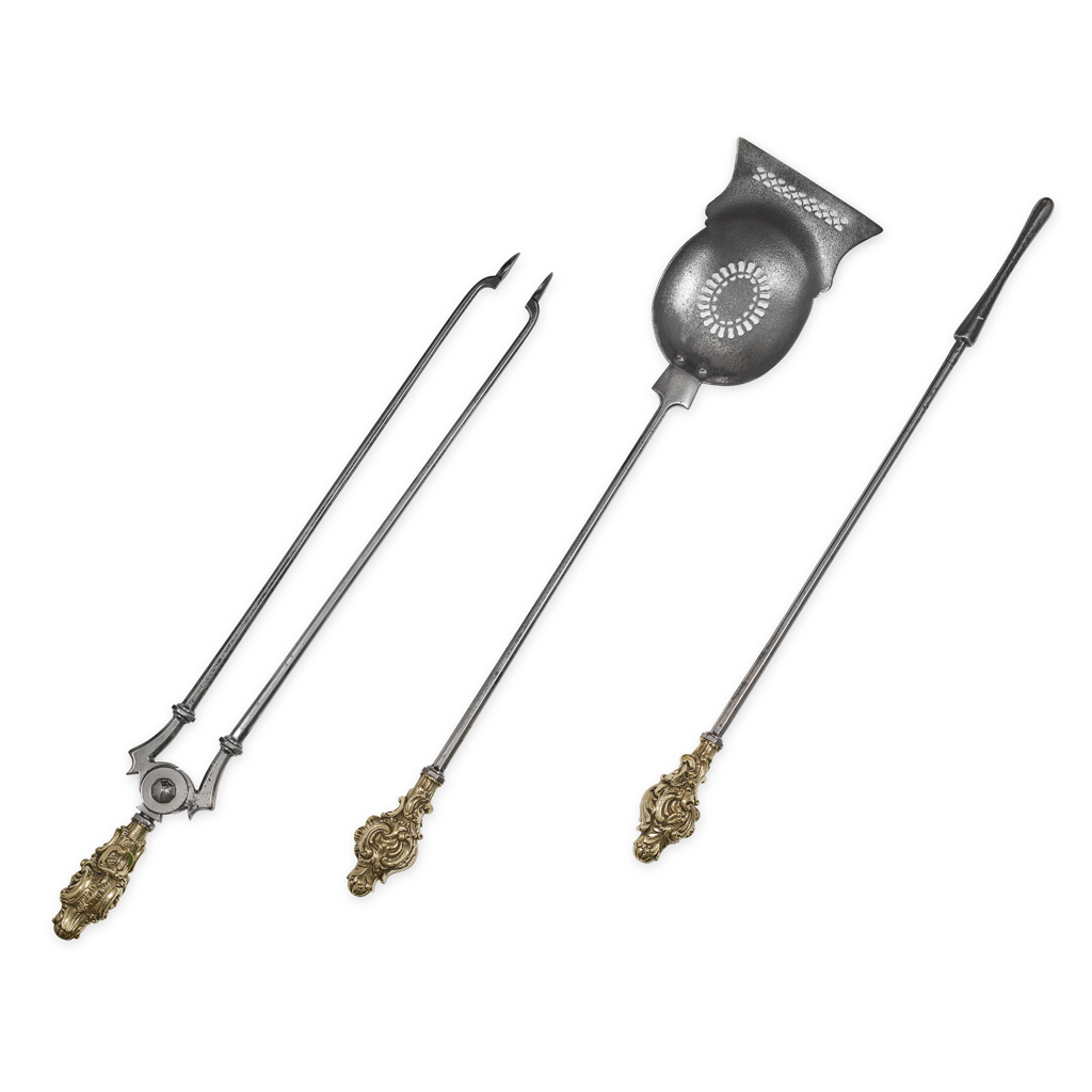 SET OF GEORGIAN STYLE AND BRASS FIRE IRONS