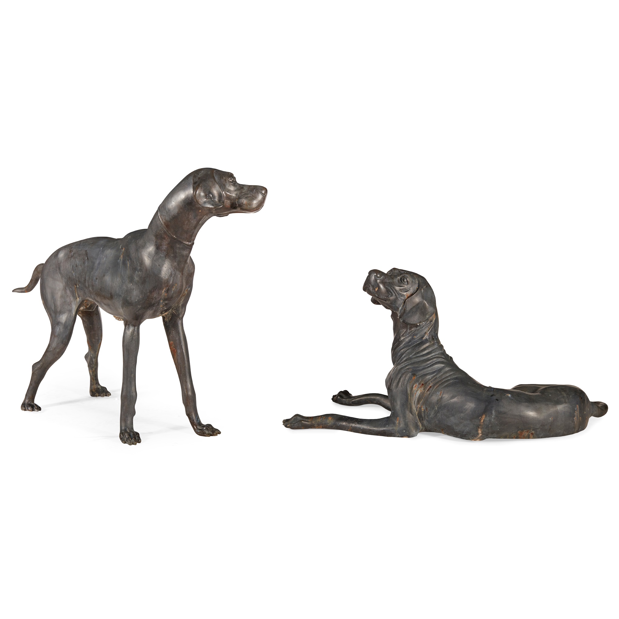 TWO LIFE-SIZE BRONZE FIGURES OF HOUNDS