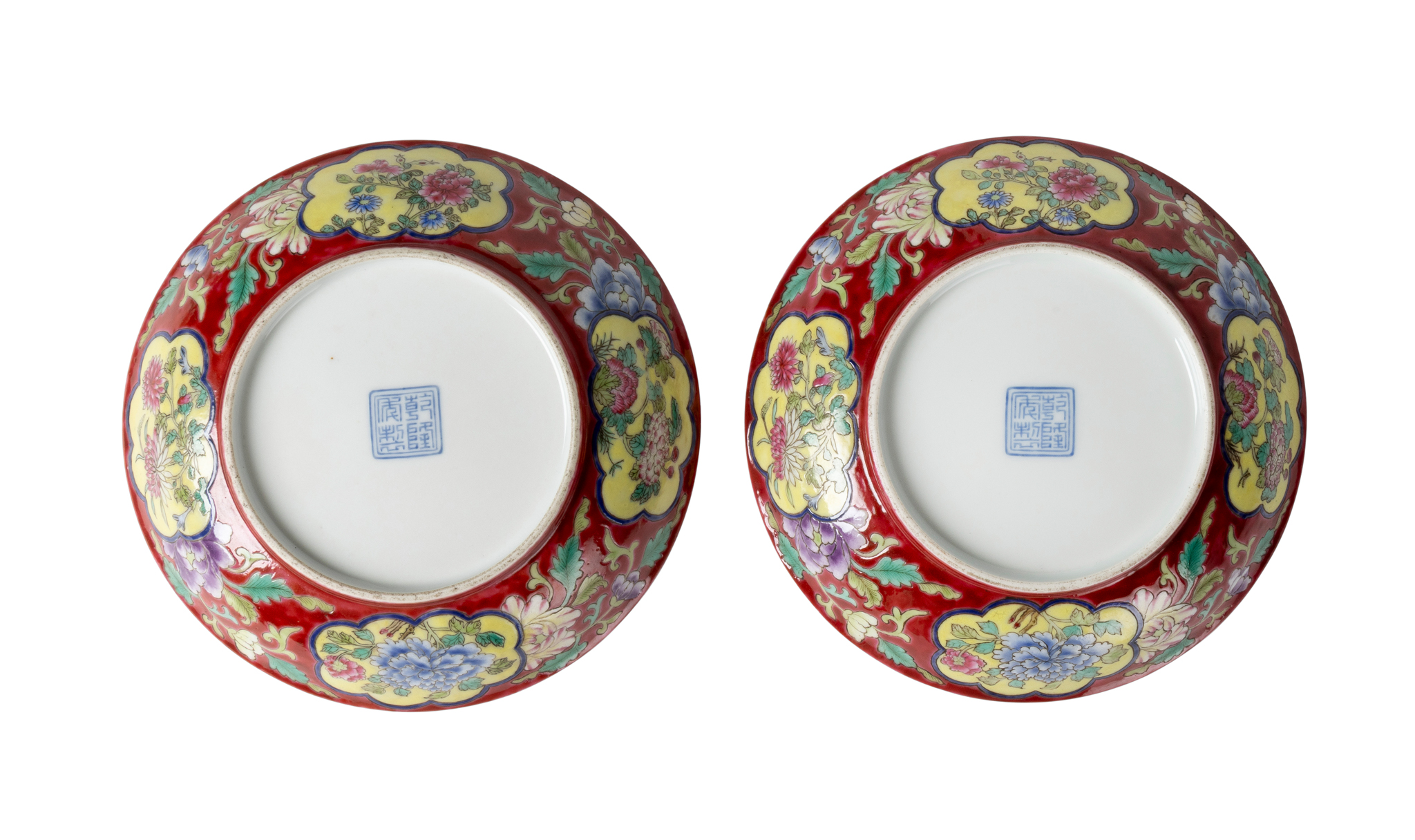PAIR OF CHINESE RUBY-RED-GROUND FAMILLE ROSE 'FLORAL' DISHES