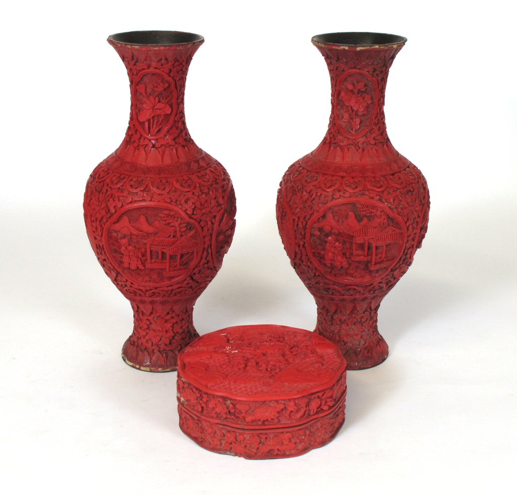 PAIR OF CHINESE CARVED CINNABAR LAQUER VASES