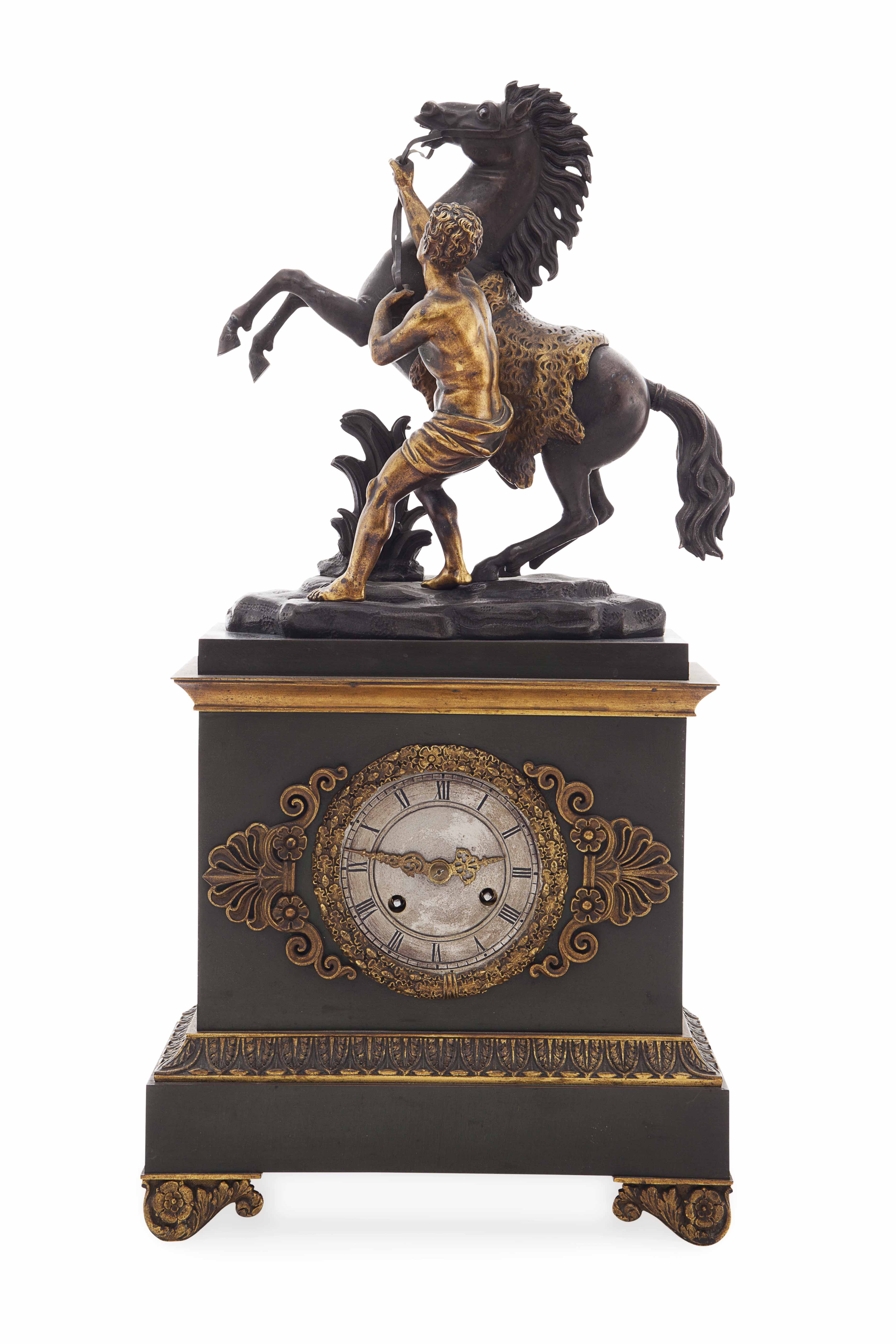 FRENCH GILT AND PATINATED METAL 'MARLY HORSE' MANTEL CLOCK