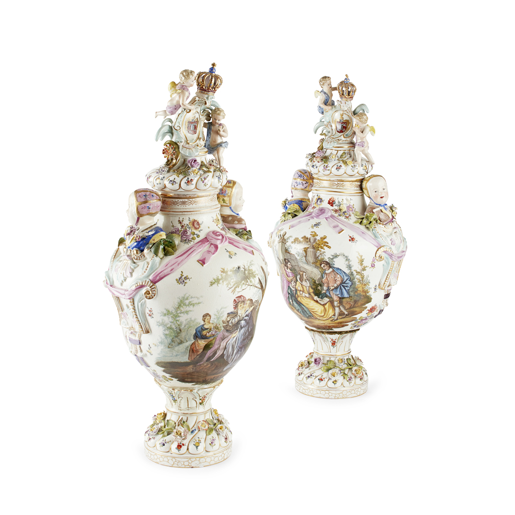 NEAR PAIR OF LARGE CARL THIEME PORCELAIN COVERED URNS