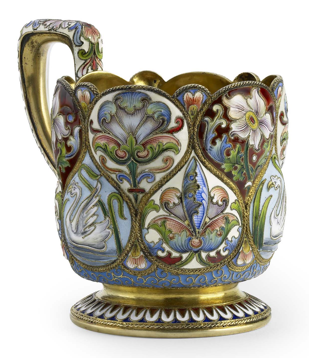 A Russian silver-gilt and cloisonné enamel tea-glass holder