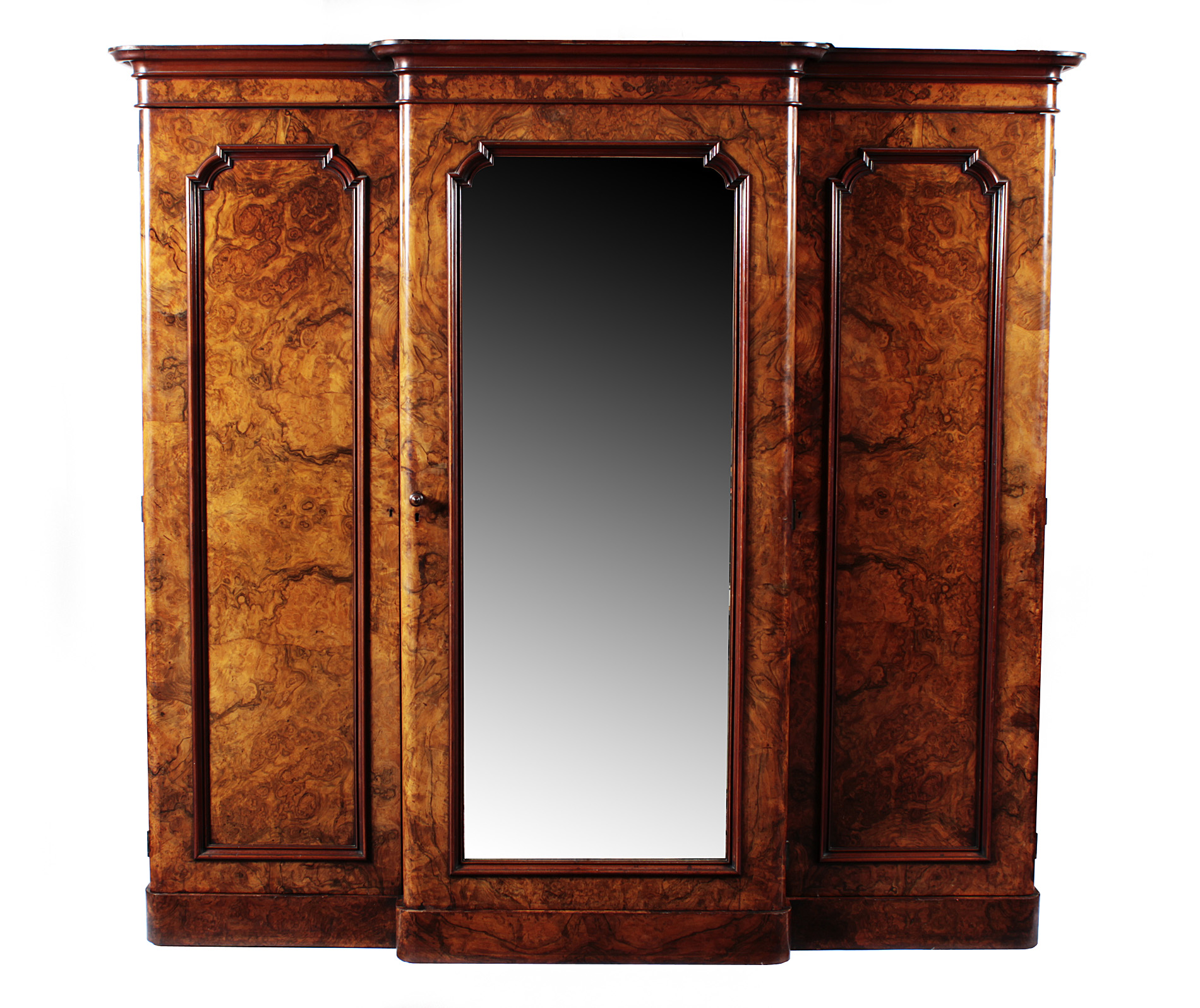 VICTORIAN BURR WALNUT THREE DOOR BREAKFRONT WARDROBE (2)