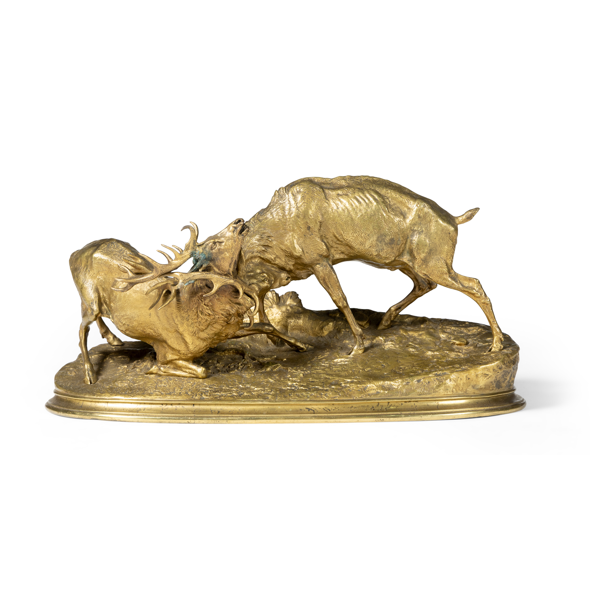 A GILT BRONZE FIGURE GROUP OF TWO RUTTING STAGS, AFTER P. J. MENE (FRENCH 1810-1879)