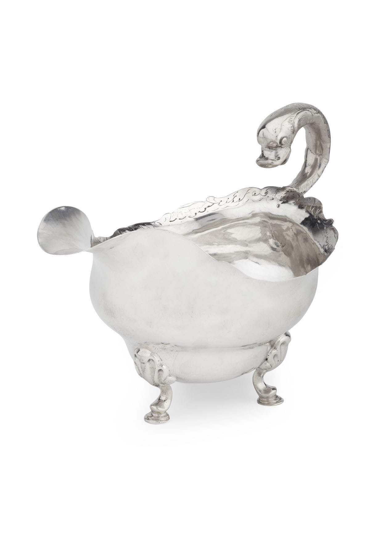A rare George II dolphin handled sauce boat