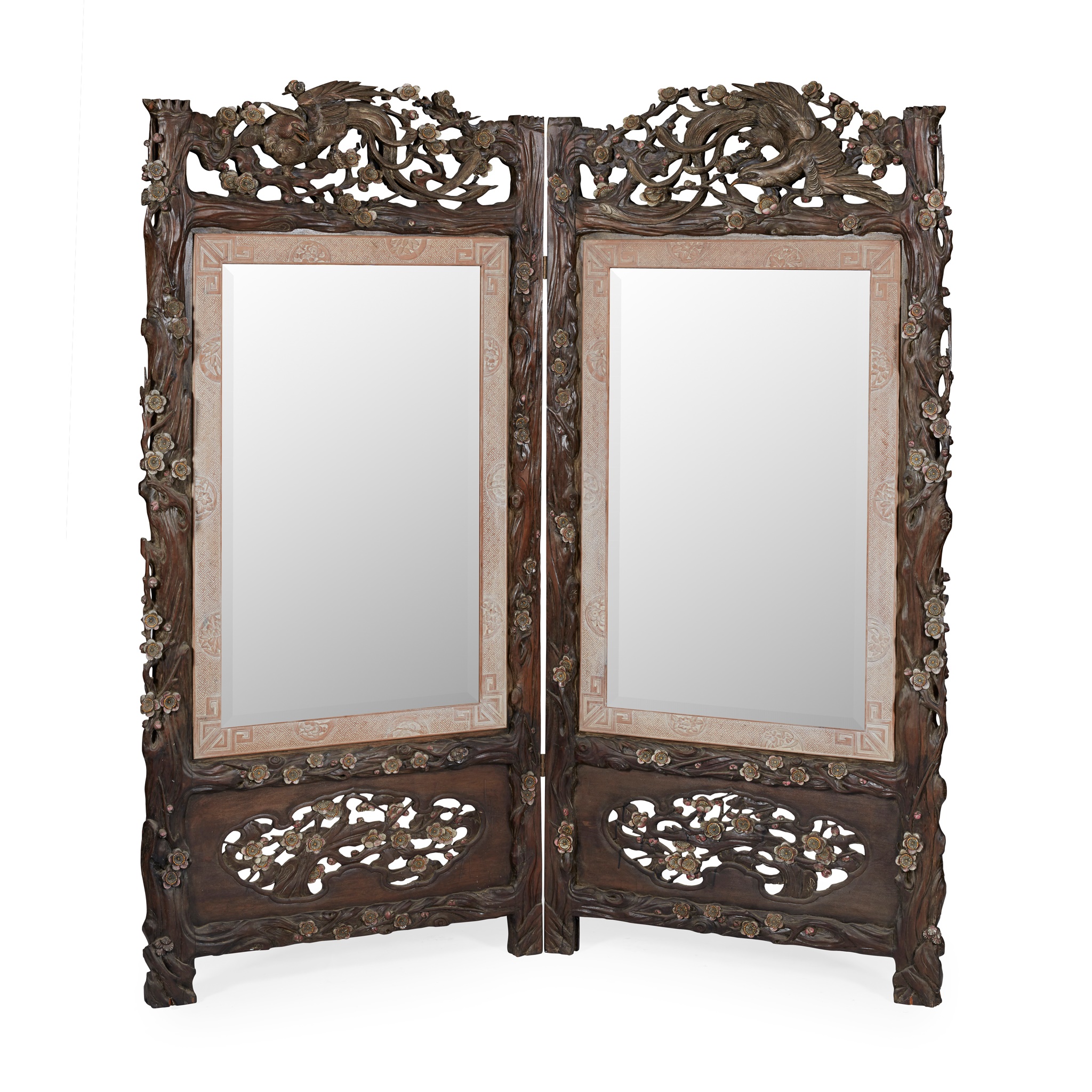 JAPANESE CARVED AND POLYCHROMED TWO-PANEL MIRRORED SCREEN