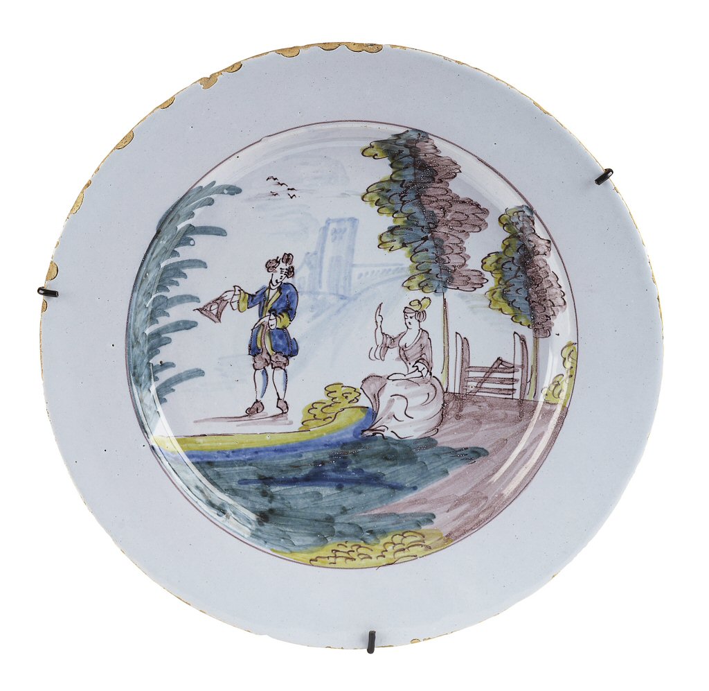 TWO ENGLISH DELFT POLYCHROME PAINTED PLATES