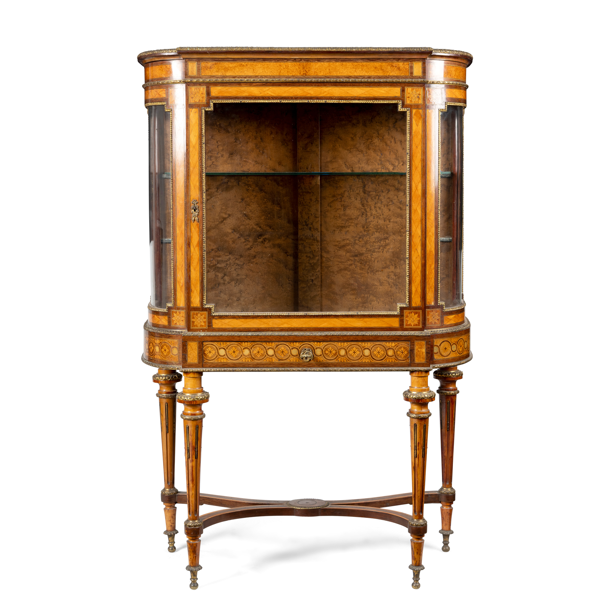 A FRENCH PARQUETRY, AMBOYNA AND GILTMETAL MOUNTED BREAKFRONT VITRINE