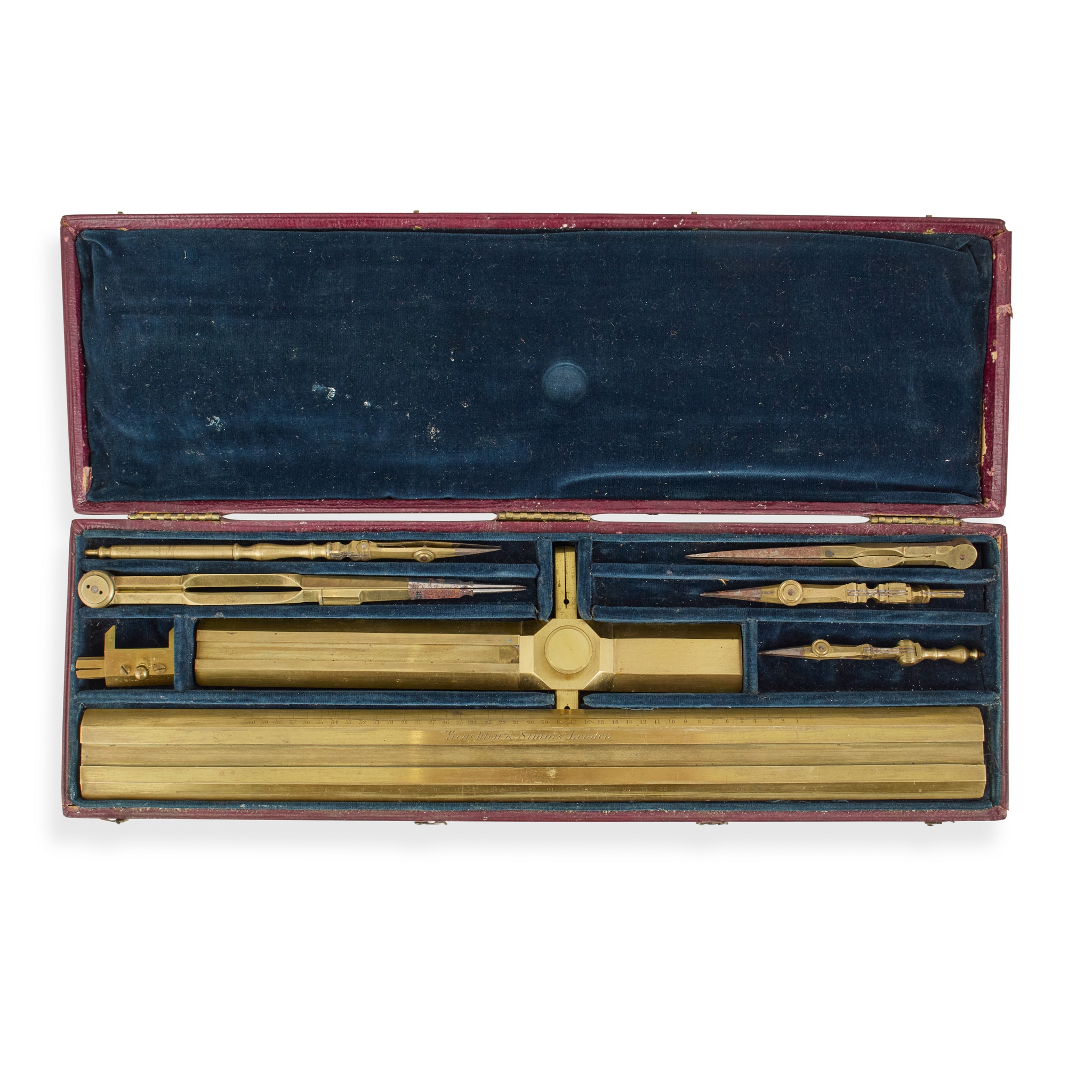 Cased set of brass drawing instruments, Troughton and Simms, London