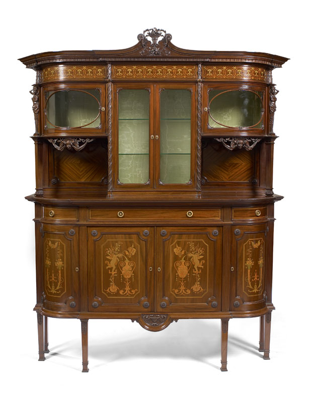 An Edwardian mahogany and marquetry inlaid side cabinet In the manner of Edwards & Roberts