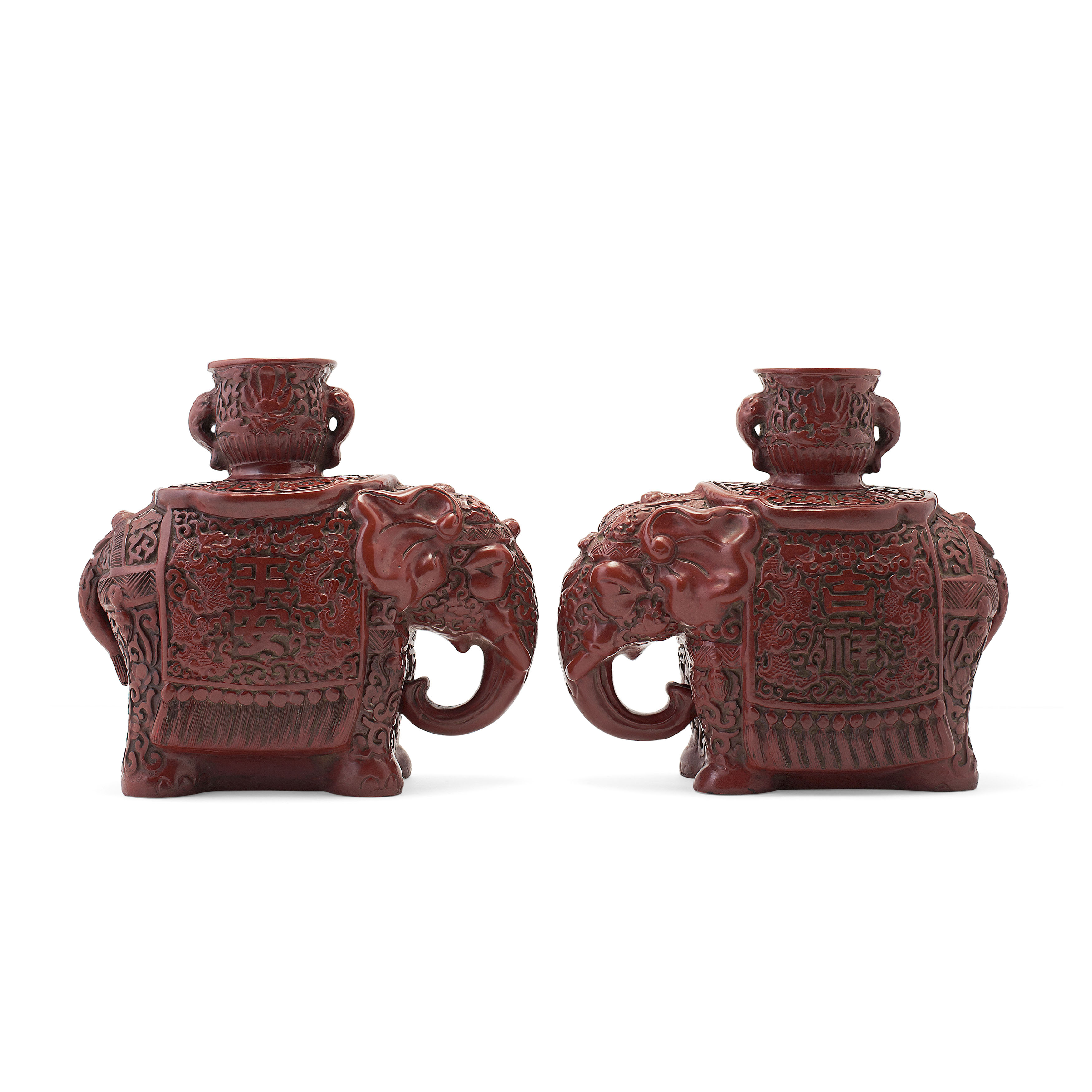 PAIR OF CHINESE CINNABAR LACQUER ELEPHANTS