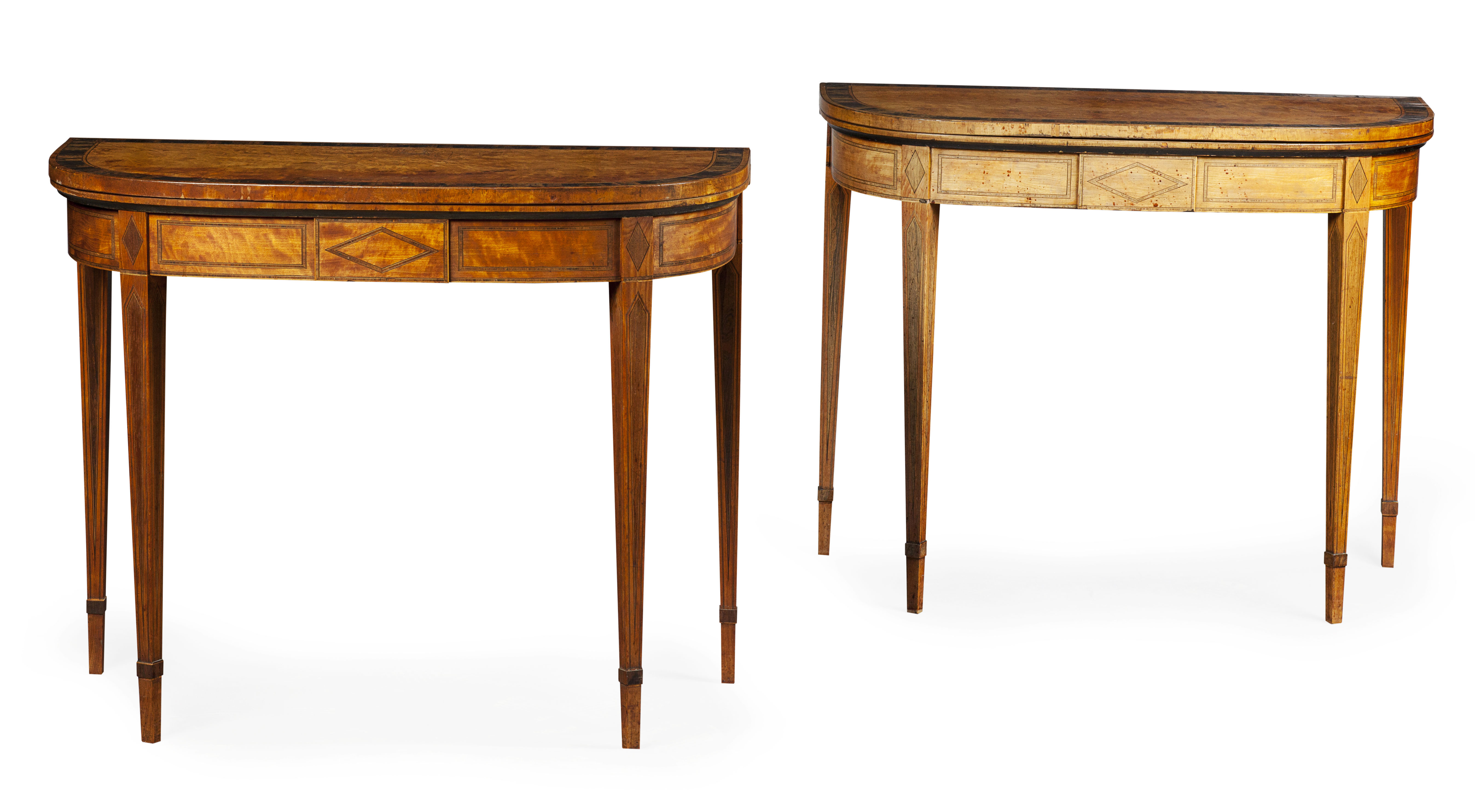 PAIR OF GEORGE III SATINWOOD AND CALAMANDER FOLDOVER CARD TABLES