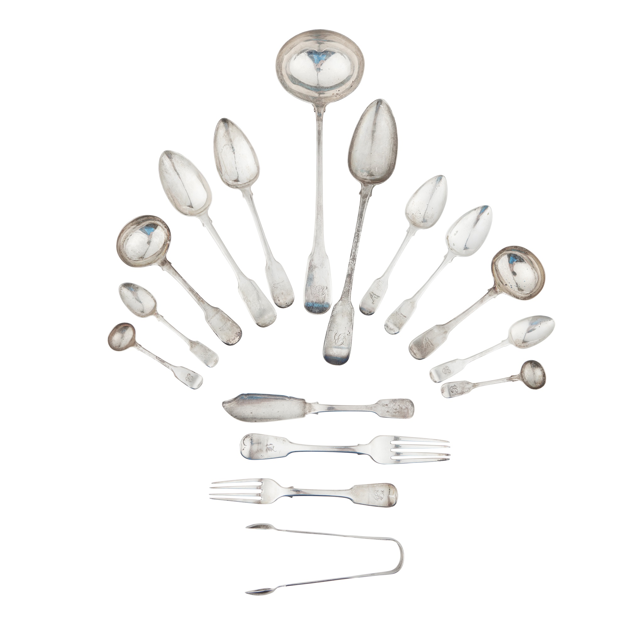 A comprehensive collection of matched Fiddle pattern flatware