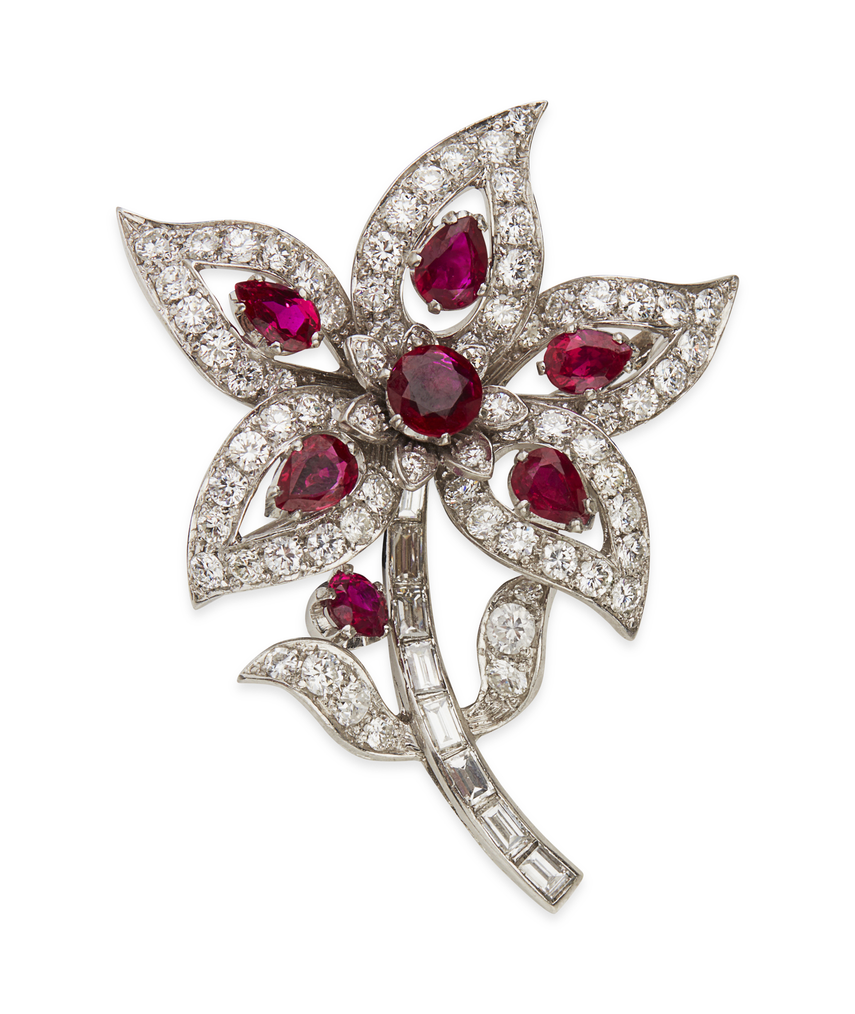 A Burmese ruby and diamond set floral brooch
