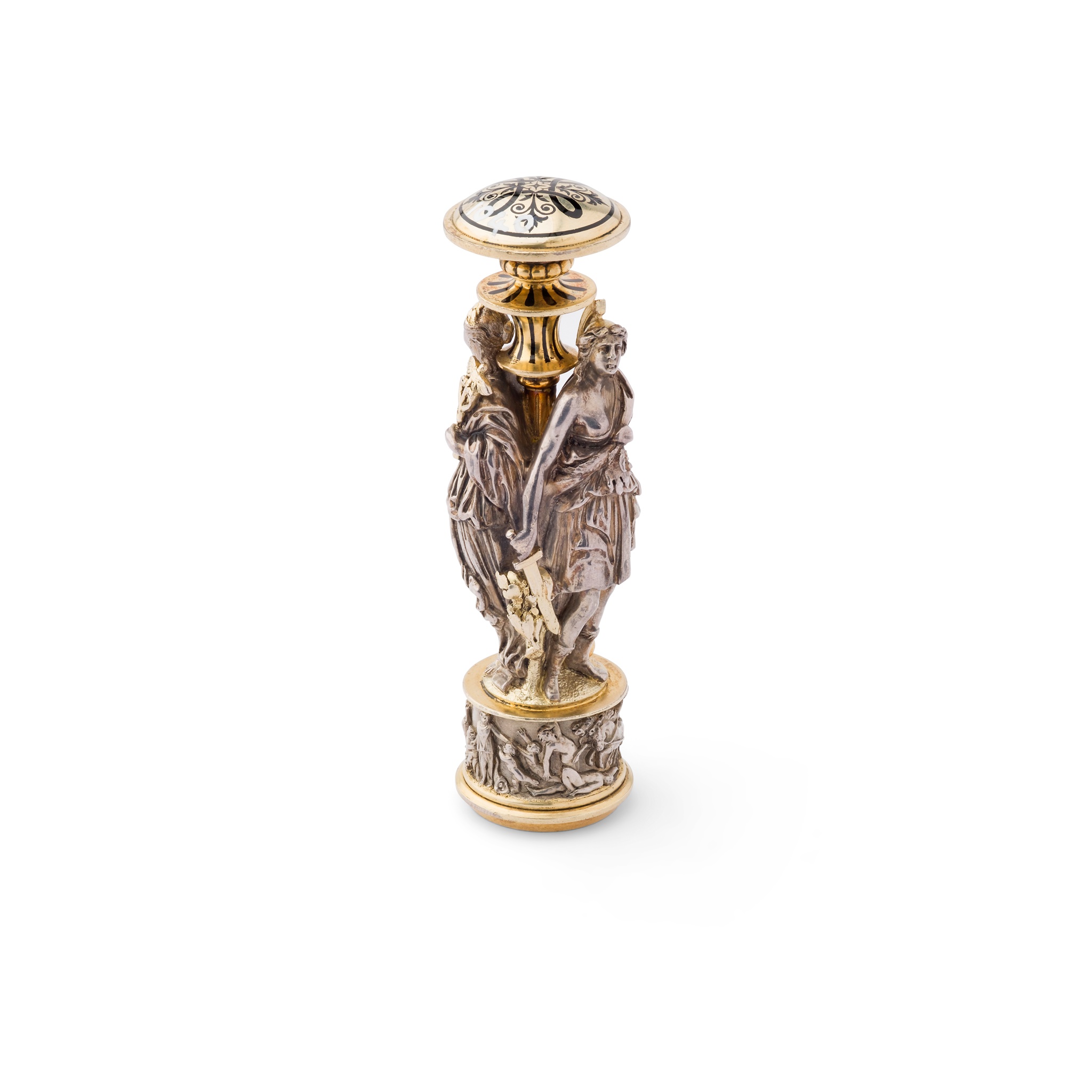 AN ENAMEL, SILVER AND GOLD FIGURAL DESK SEAL, CIRCA 1870