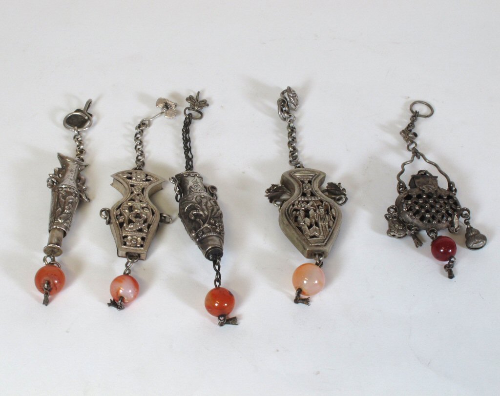 GROUP OF CHINESE WHITE METAL AND BEAD ORNAMENTS AND ACCESSORIES