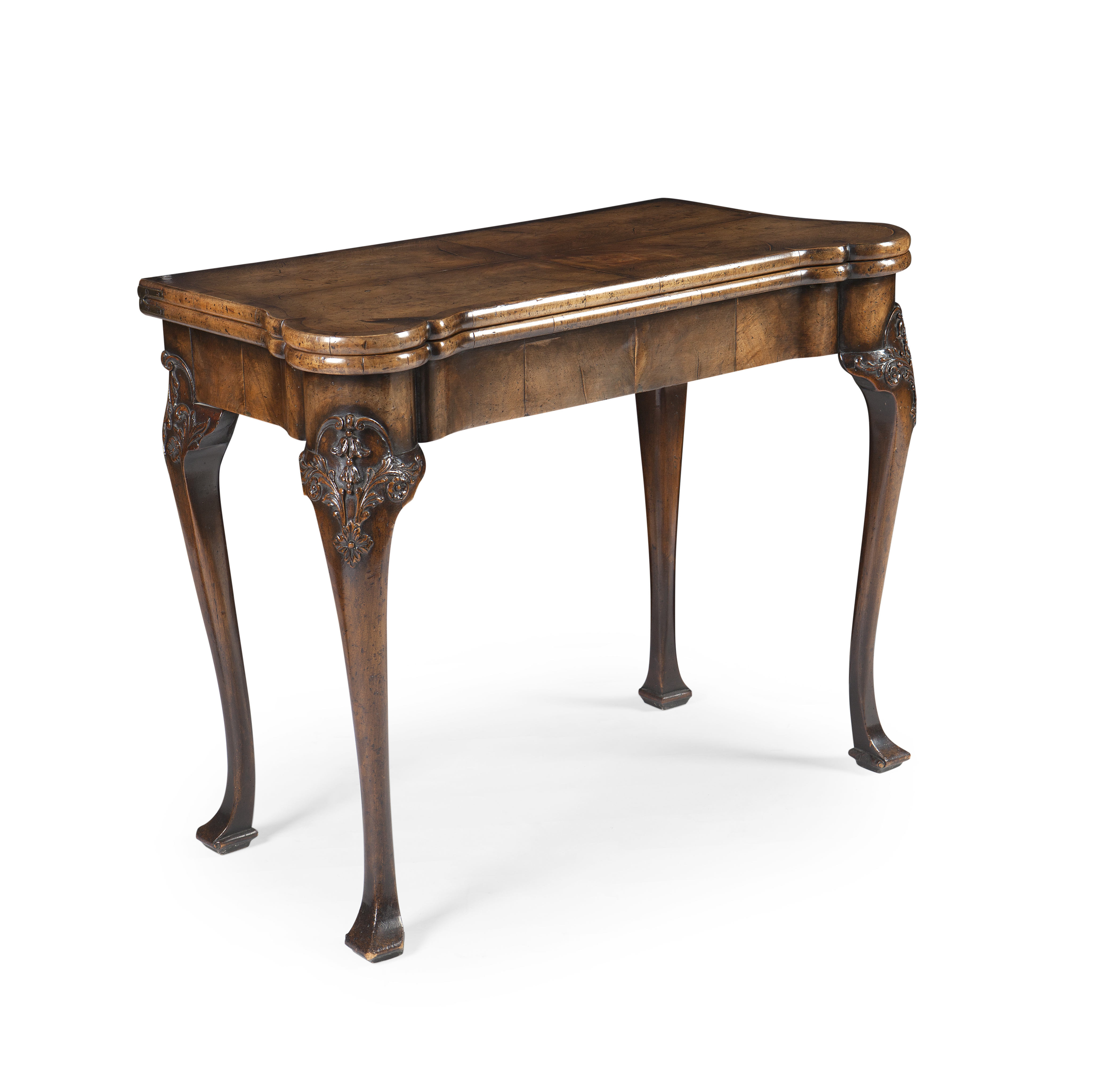 QUEEN ANNE STYLE WALNUT AND CROSSBANDED CONCERTINA ACTION CARD TABLE