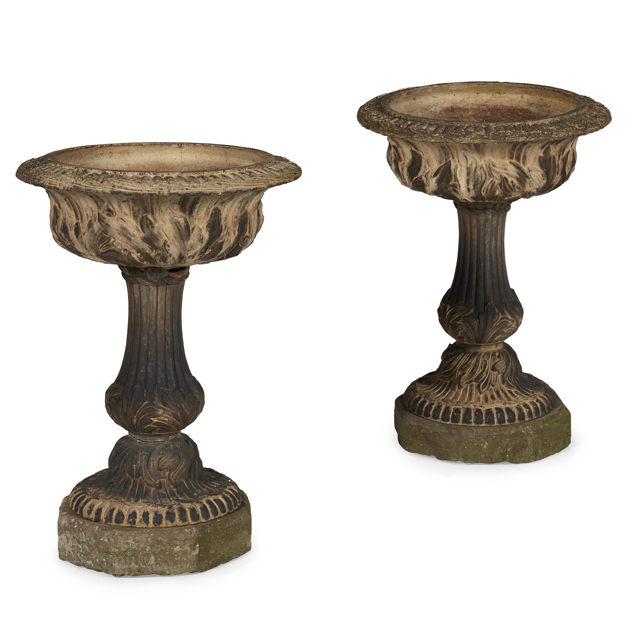 PAIR OF BLASHFIELD TYPE TERRACOTTA URNS AND STANDS