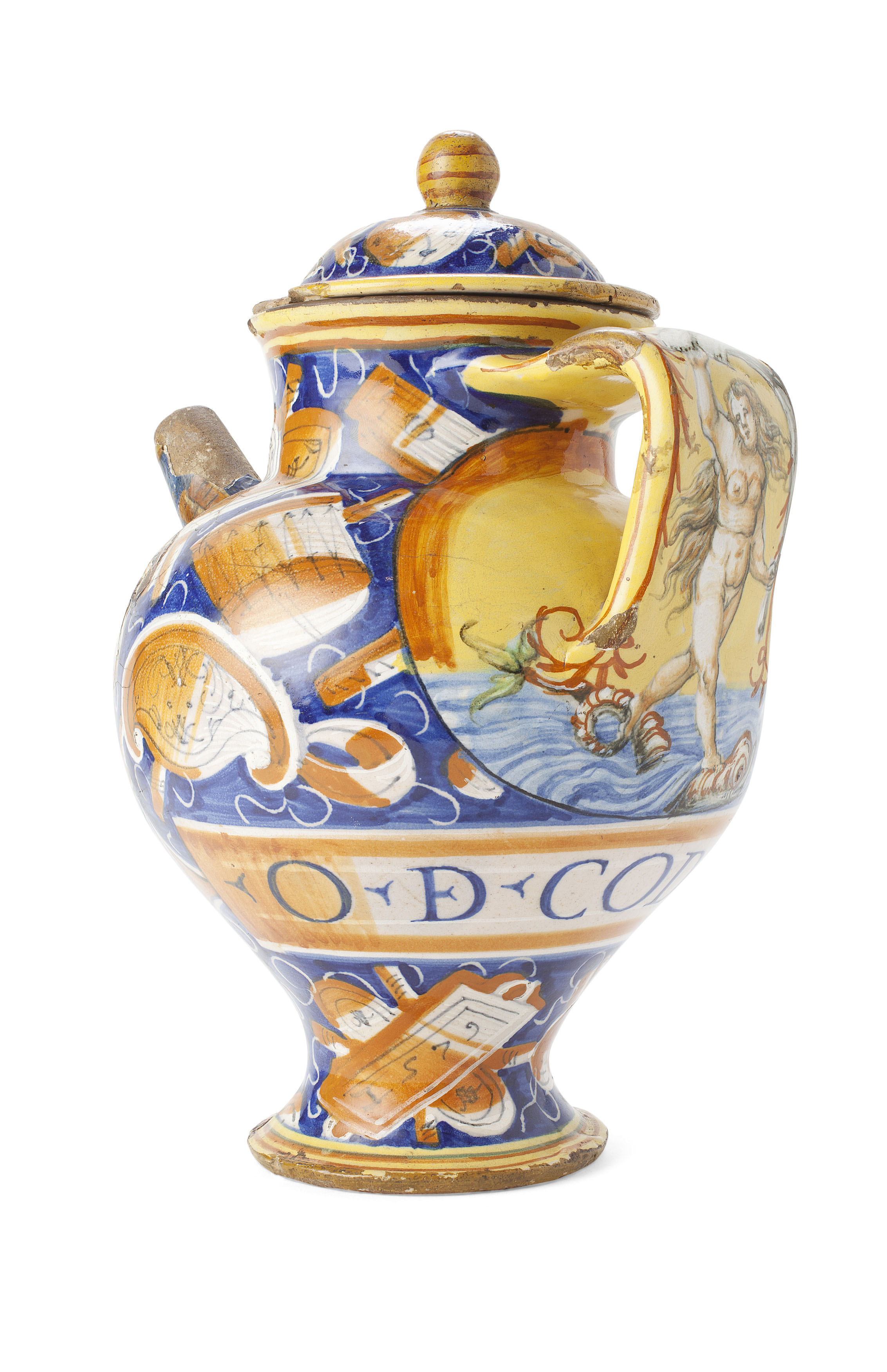 ITALIAN MAIOLICA APOTHECARY SYRUP JAR WITH MATCHING COVER
