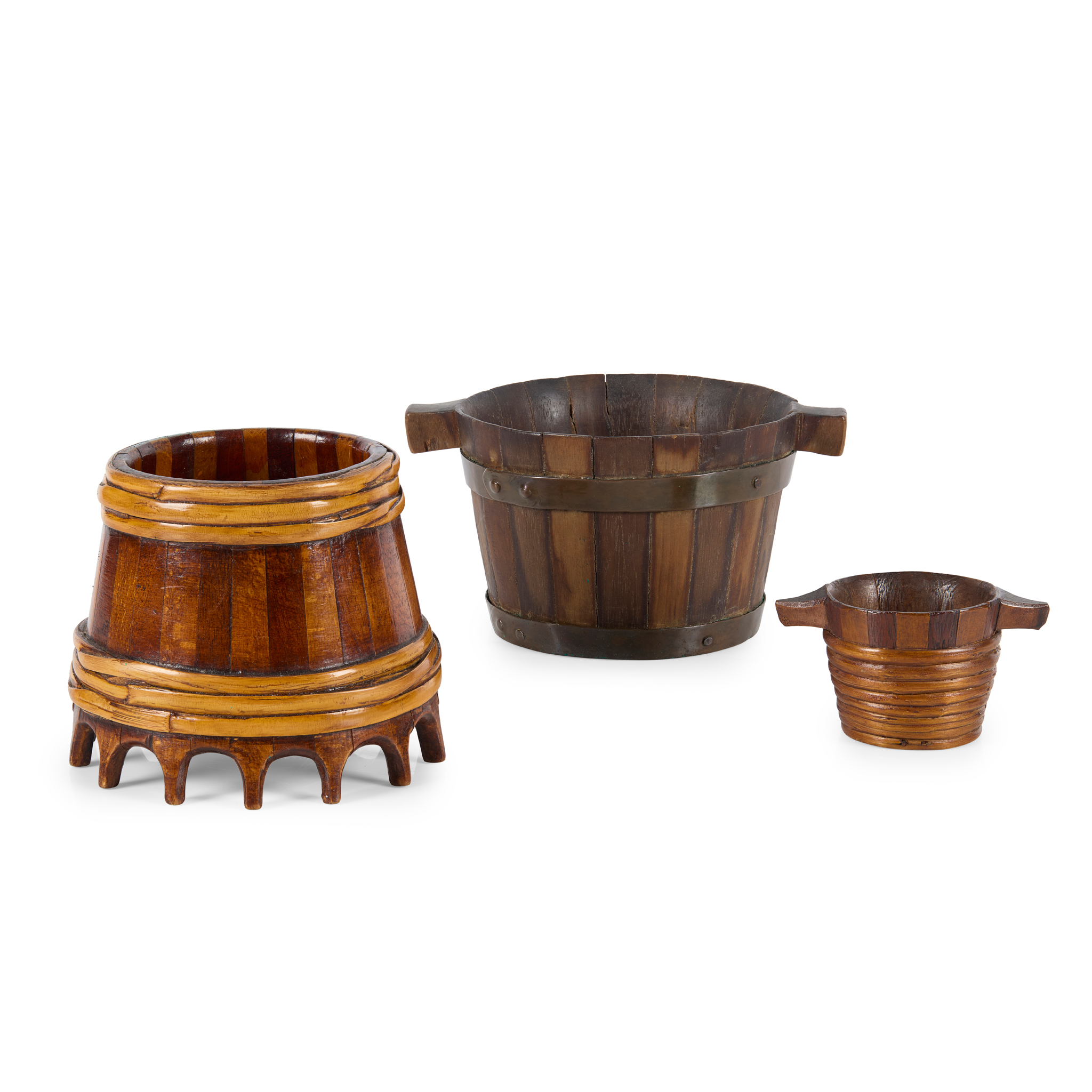A GROUP OF THREE 19TH CENTURY STAVED WOODEN VESSELS