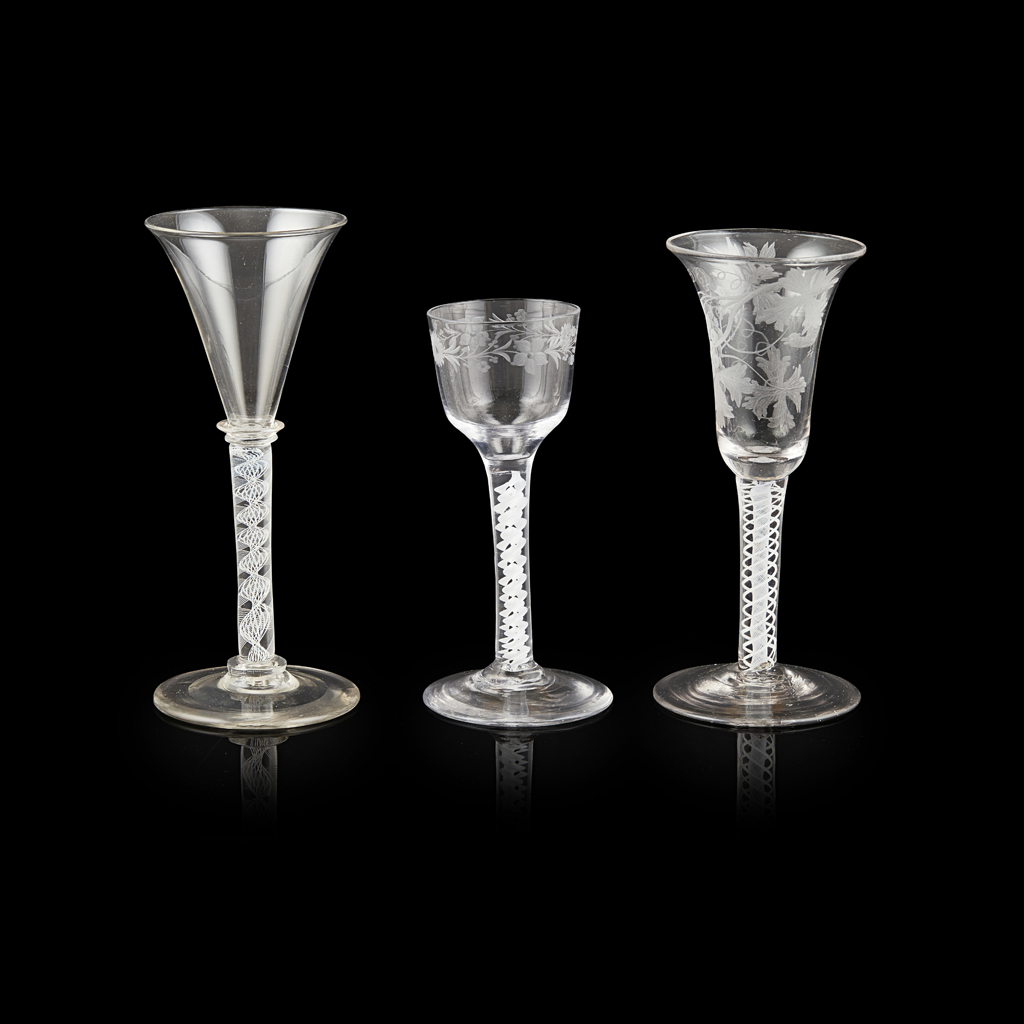 GROUP OF THREE GEORGIAN OPAQUE TWIST STEMMED WINE GLASSES