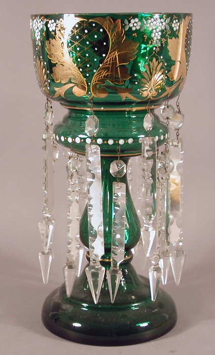 A pair of Victorian green glass girandoles