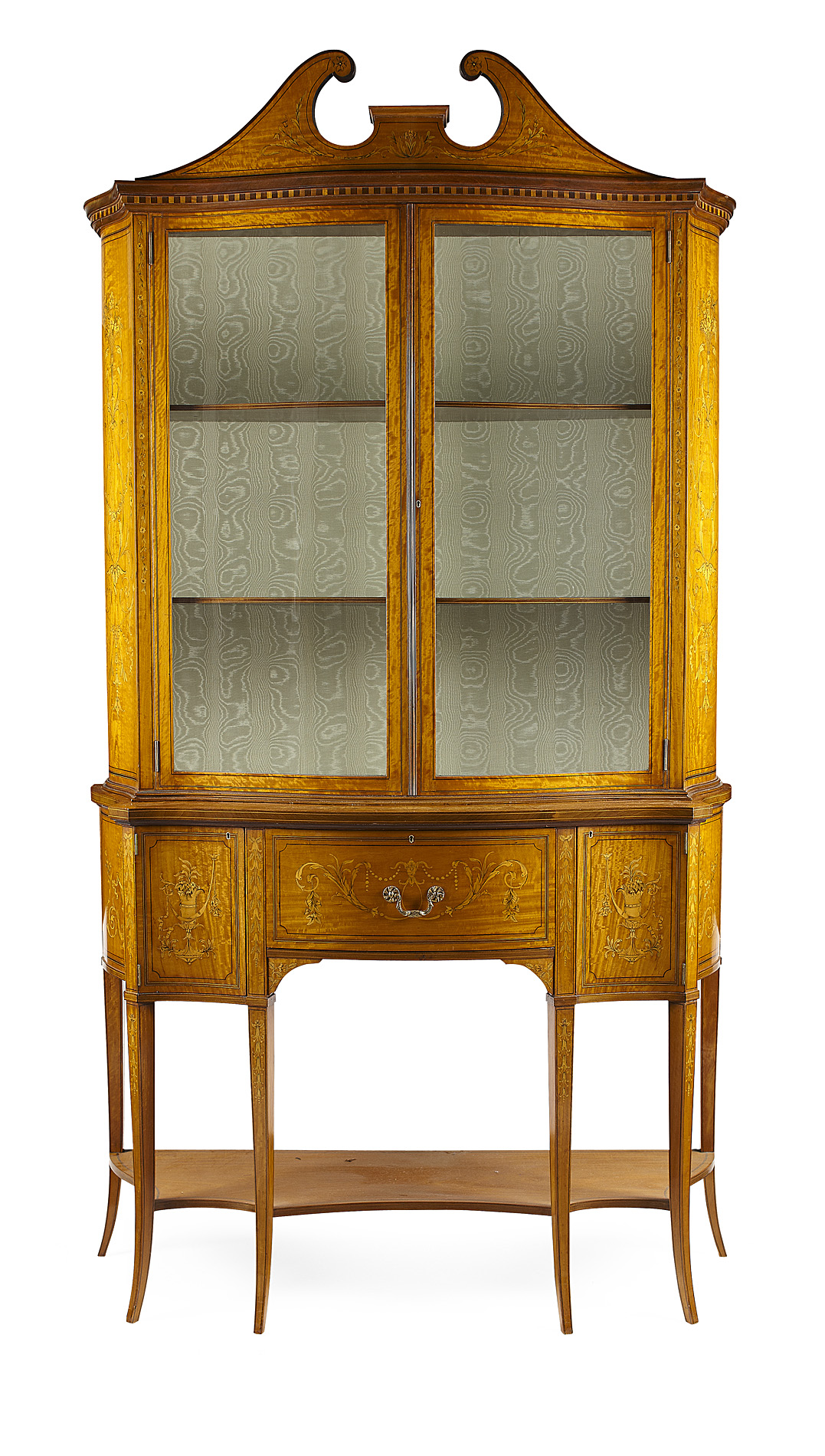 FINE EDWARDIAN SERPENTINE SATINWOOD AND MARQUETRY SECRETAIRE DISPLAY CABINET
