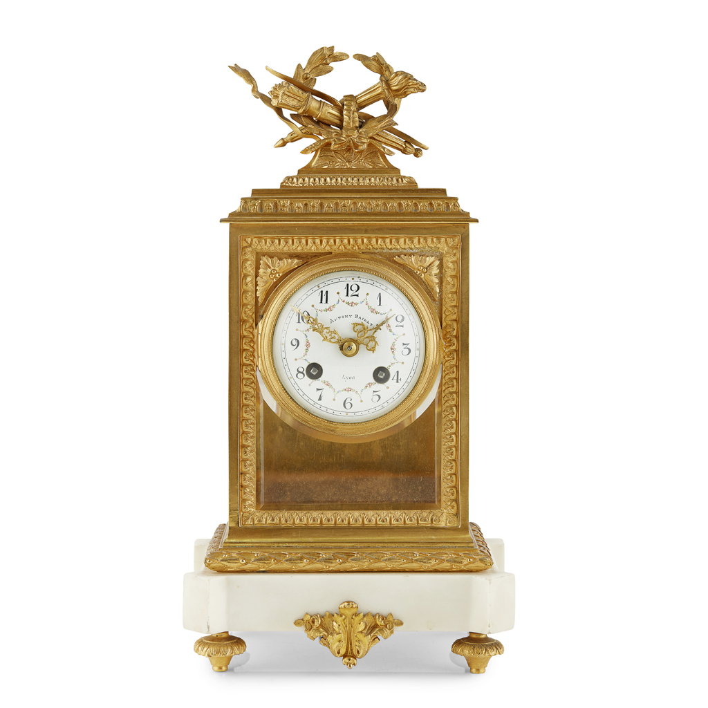 FRENCH GILT METAL MANTEL CLOCK BY ANTONY BAILLY, LYON