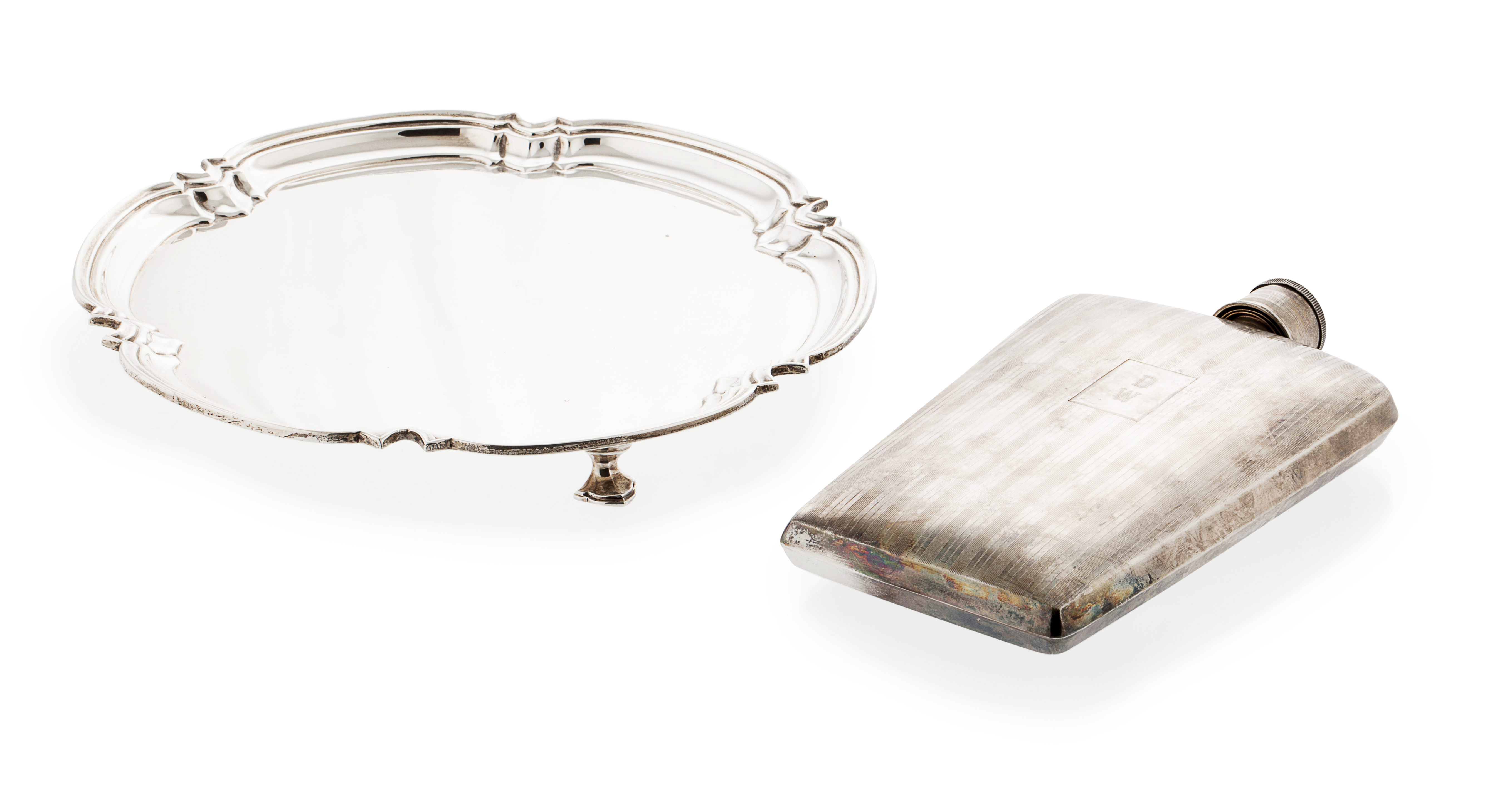 A salver and a large hip flask