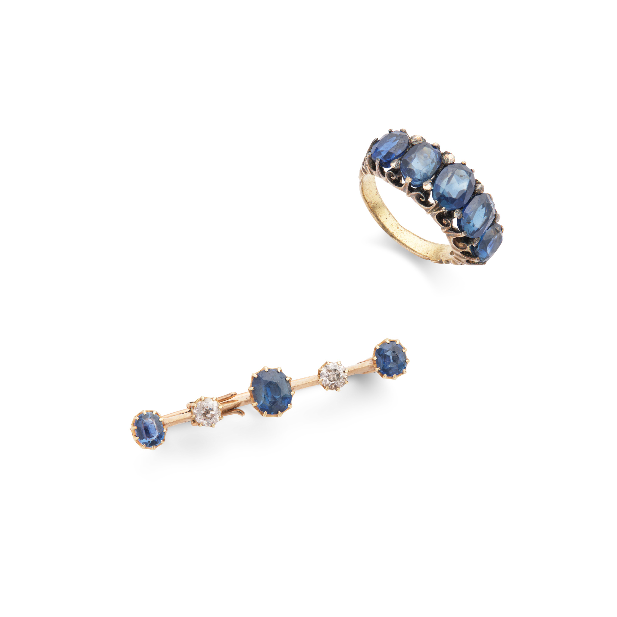A sapphire and diamond bar brooch and sapphire ring