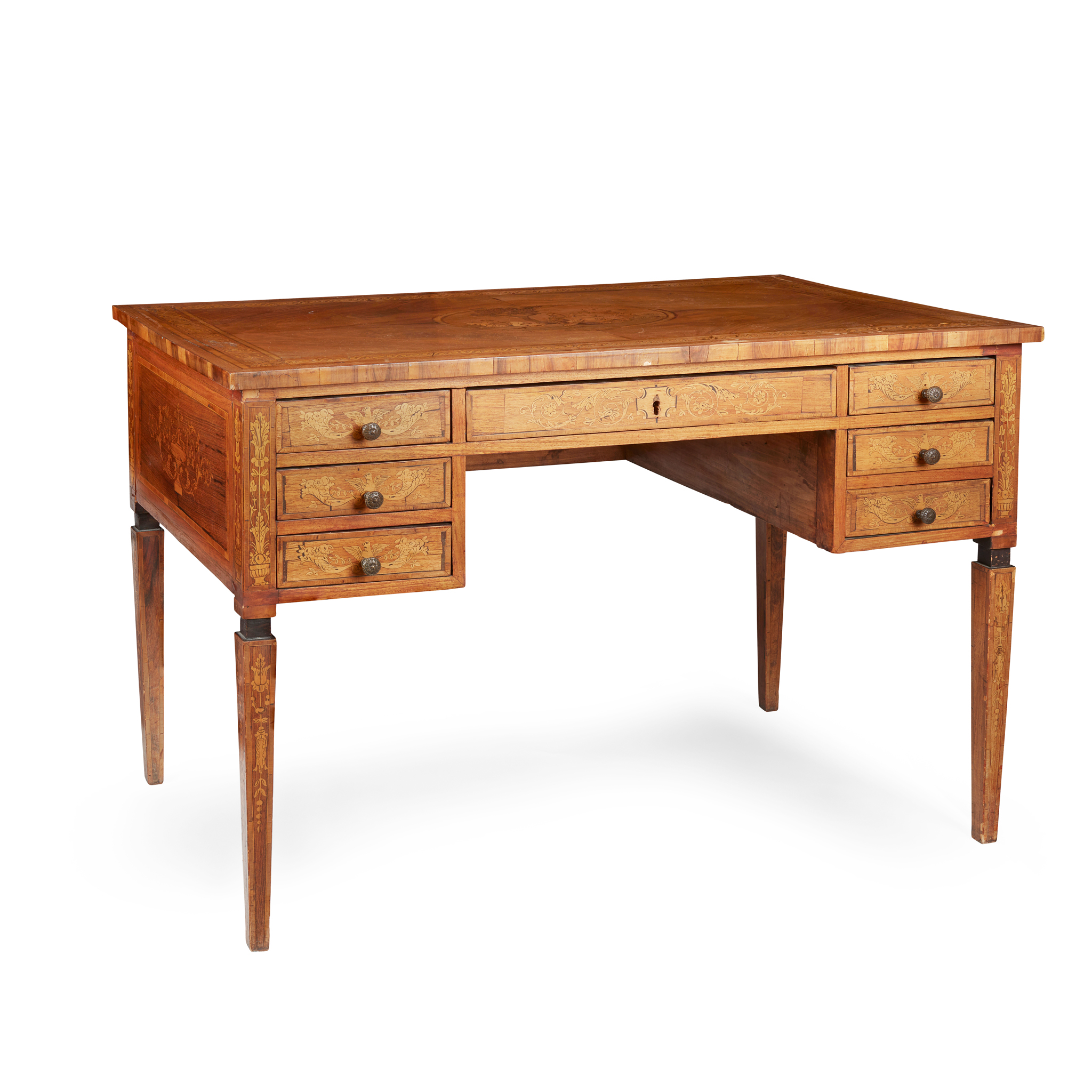 AN ITALIAN WALNUT, EBONISED, AND MARQUETRY DESK