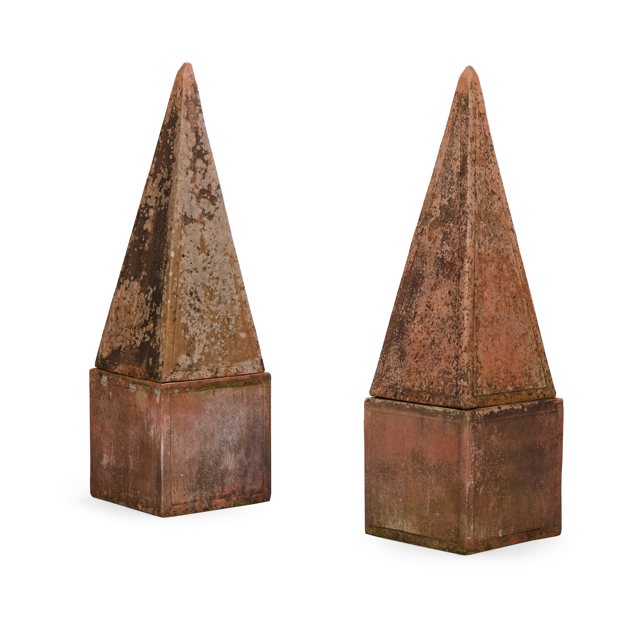 PAIR OF TERRACOTTA PYRAMIDS ON STANDS