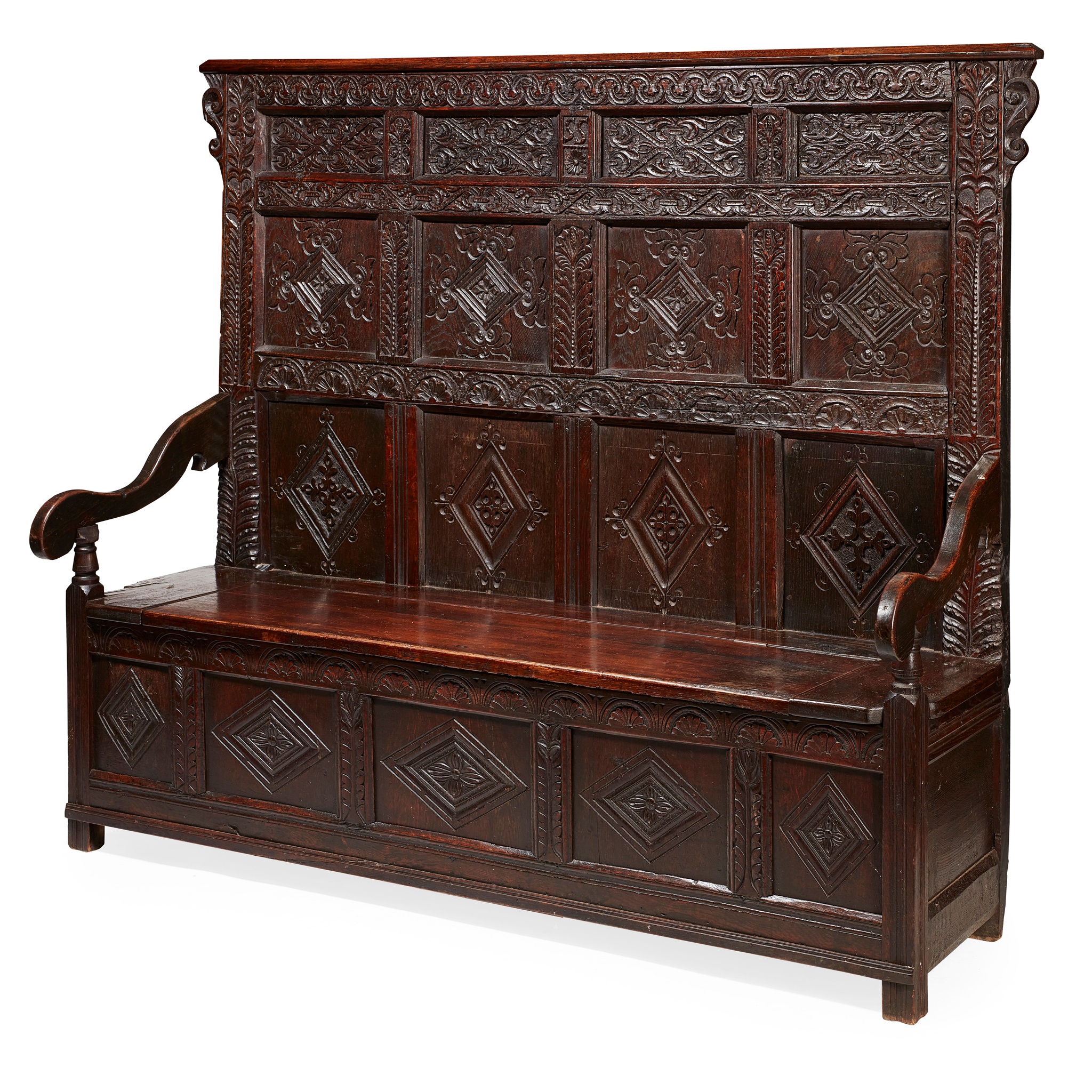 OAK CARVED PANELLED SETTLE