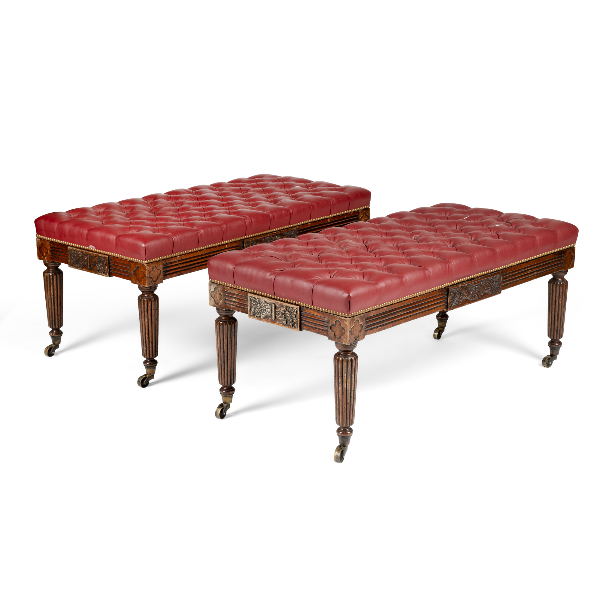 A PAIR OF VICTORIAN MAHOGANY BUTTON UPHOLSTERED STOOLS