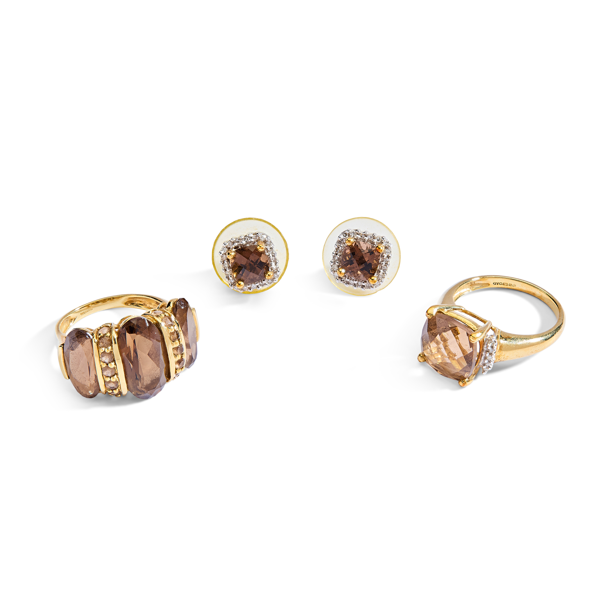 A collection of 9ct gold and smoky quartz jewellery